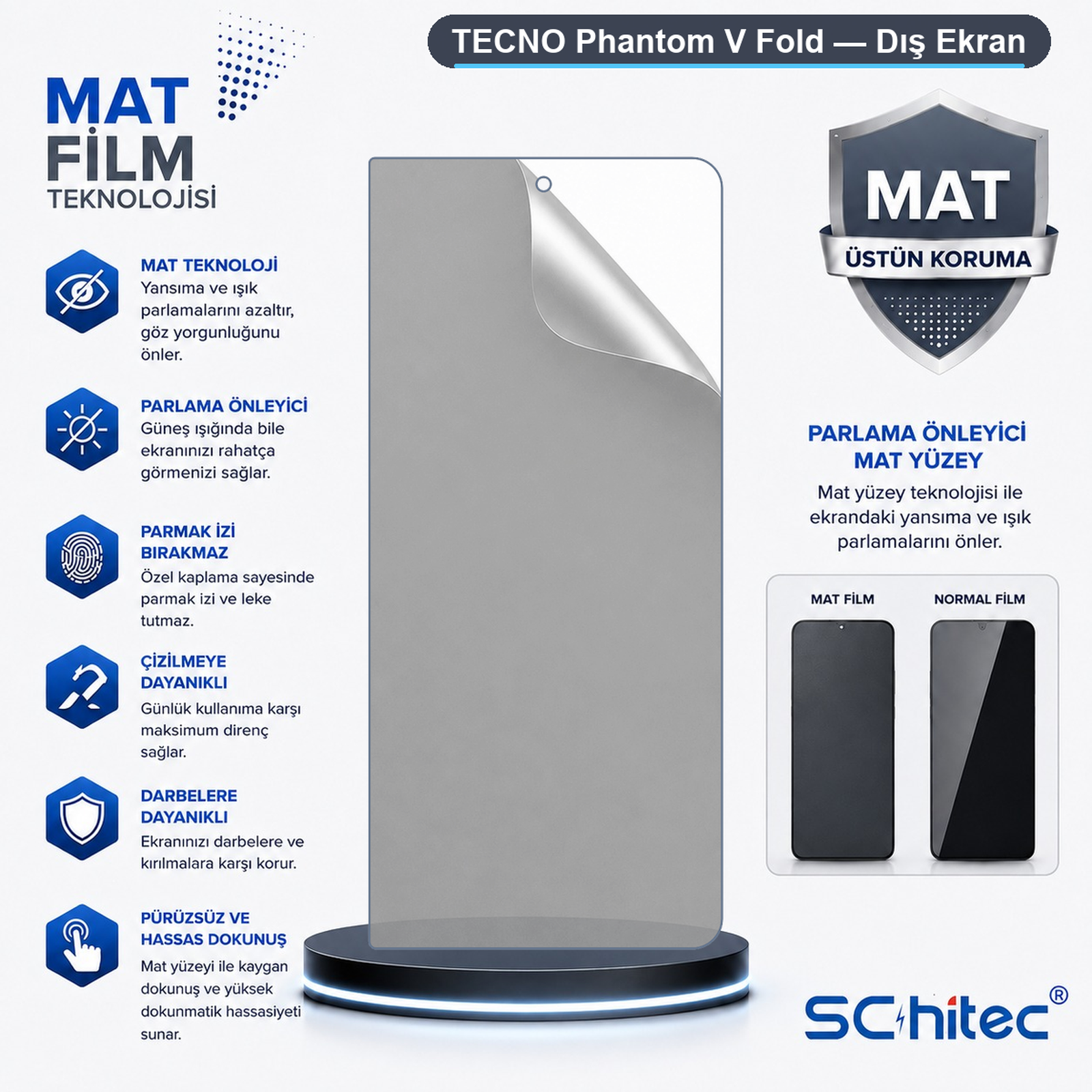 TECNO Phantom V Fold mat ekran koruyucu reklamı ve özellikleri.