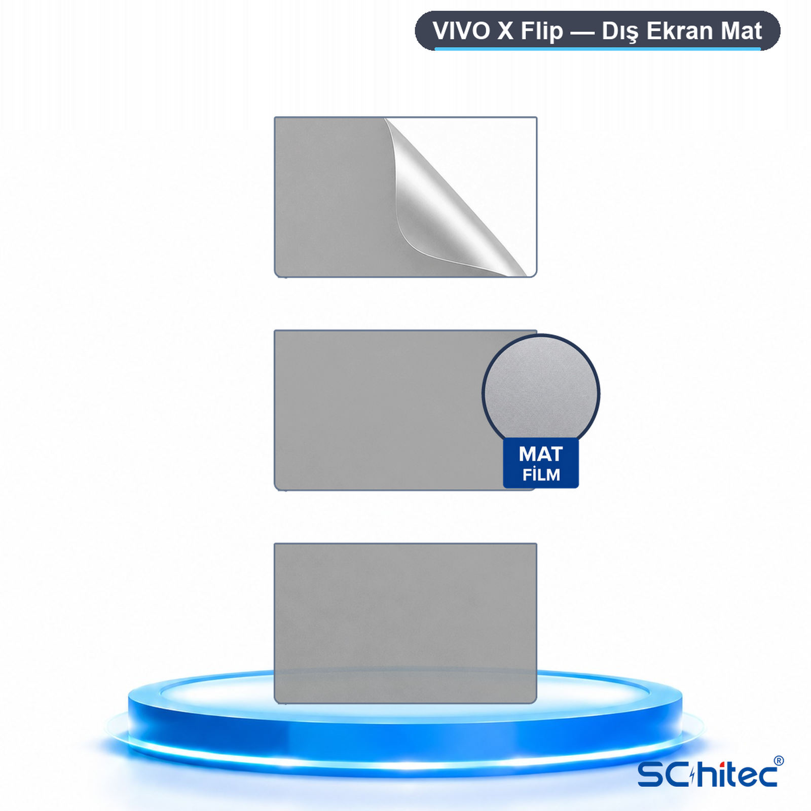 Mavi bir podyum üzerinde üç görünümle mat Vivo X Flip ekran koruyucu ürün grafiği.