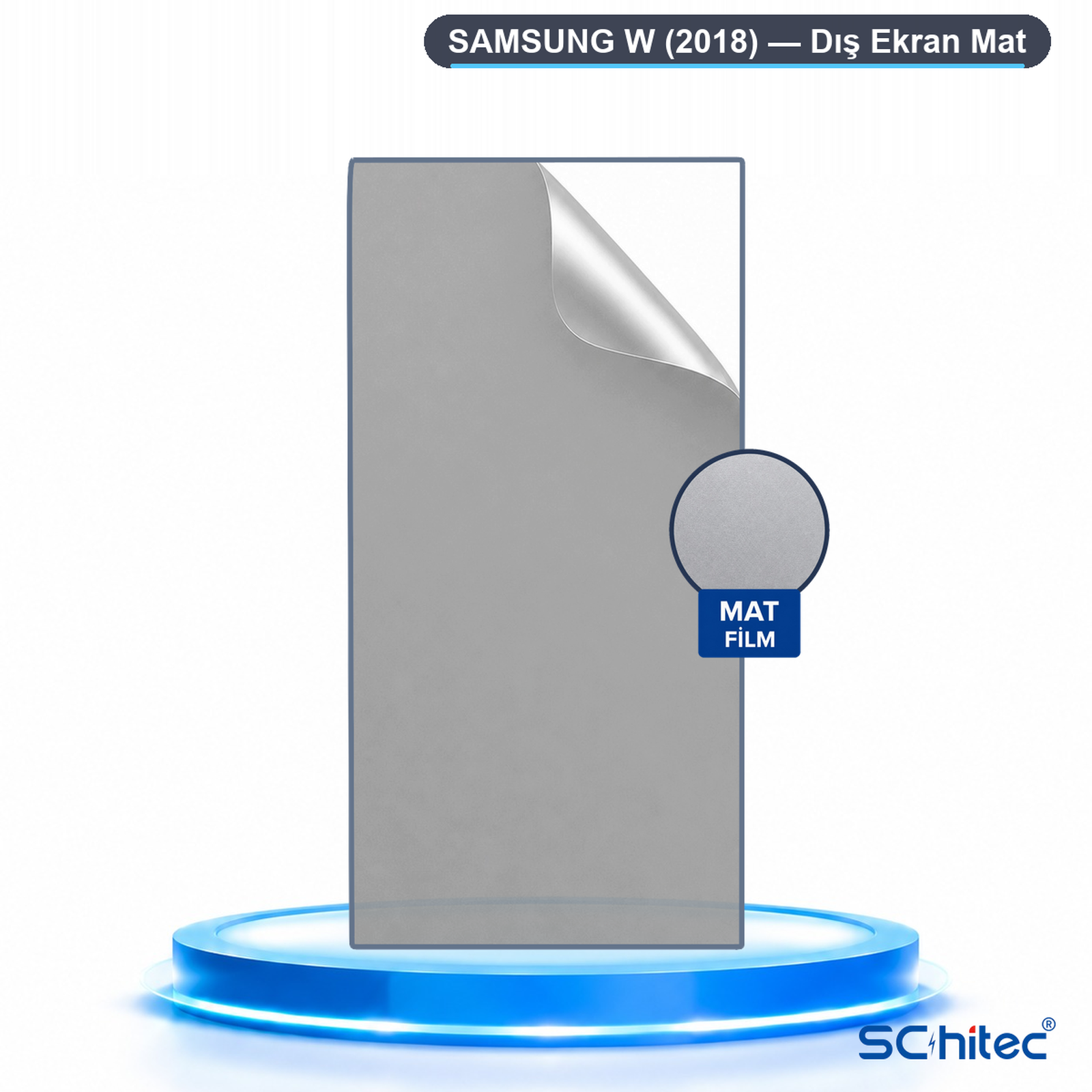 Parlak mavi bir podyum üzerinde Samsung W (2018) için mat ekran koruyucu film.
