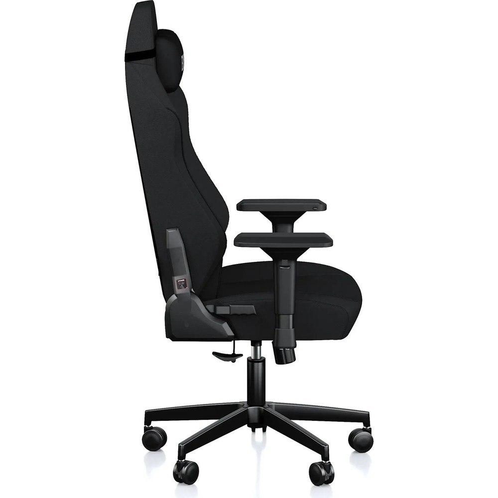 Tekerlekli siyah ergonomik oyuncu koltuğu, beyaz arka planda yandan görünüm.