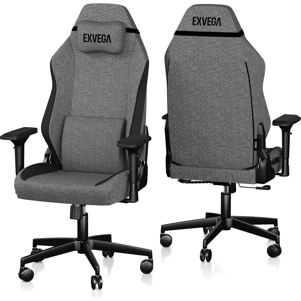 Gri Exvega oyuncu koltuğu, ön ve arka görünüm, yastıklı ve siyah detaylı tekerlekli ayaklı.