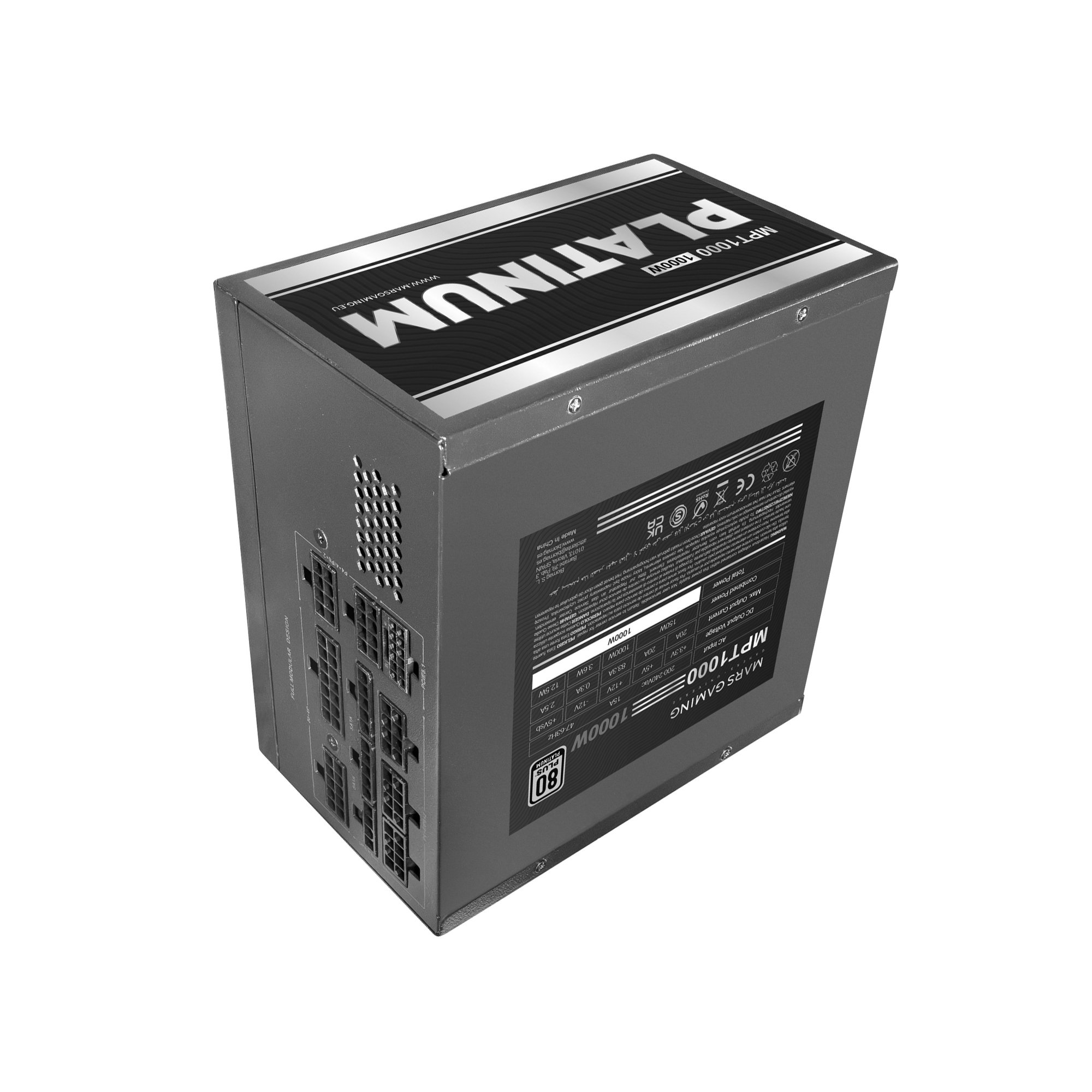 Una fuente de alimentación gris Mars Gaming MPT1000 1000W Platinum con conectores modulares sobre fondo blanco.