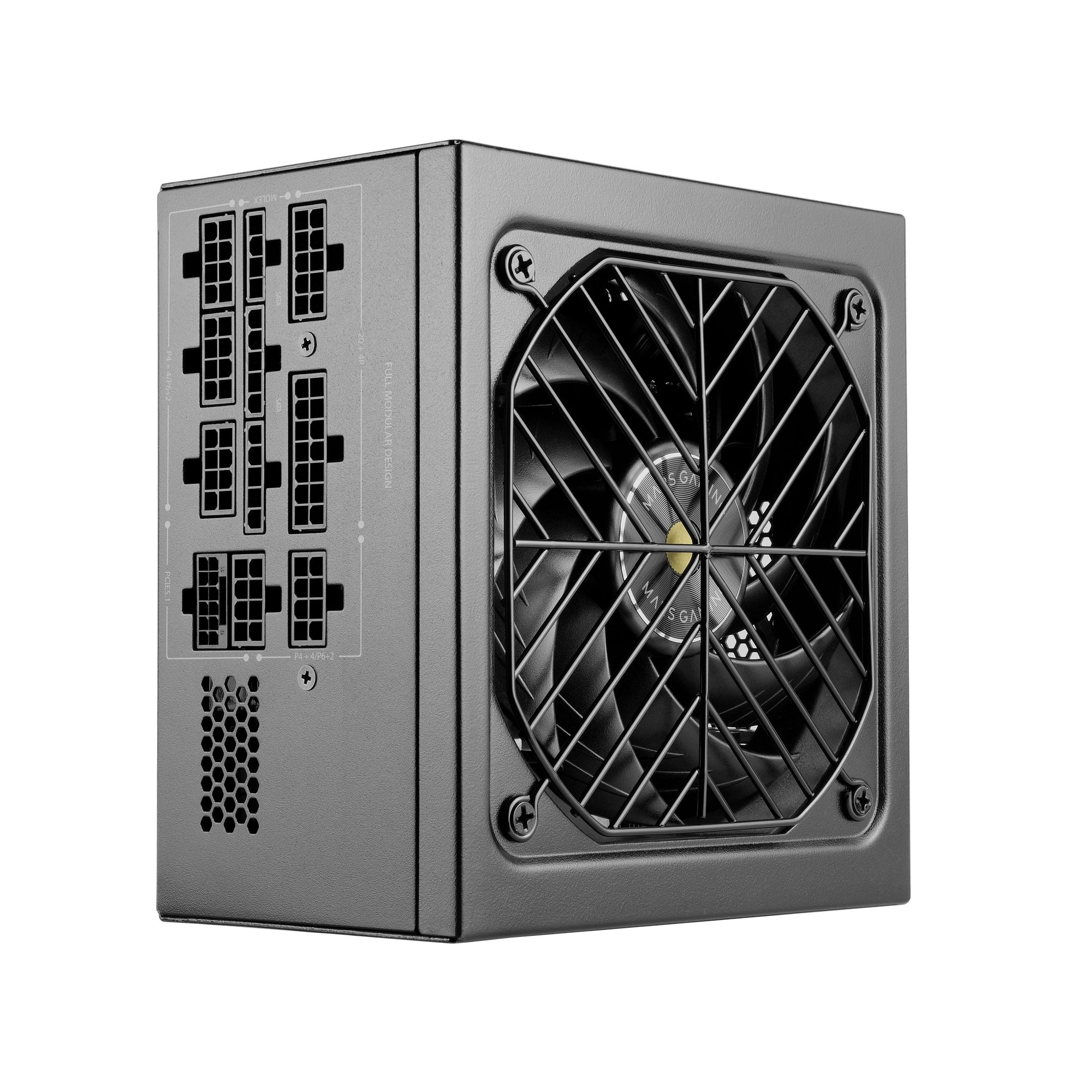 Una fuente de alimentación para ordenador negra con un ventilador integrado y puertos modulares sobre fondo blanco.