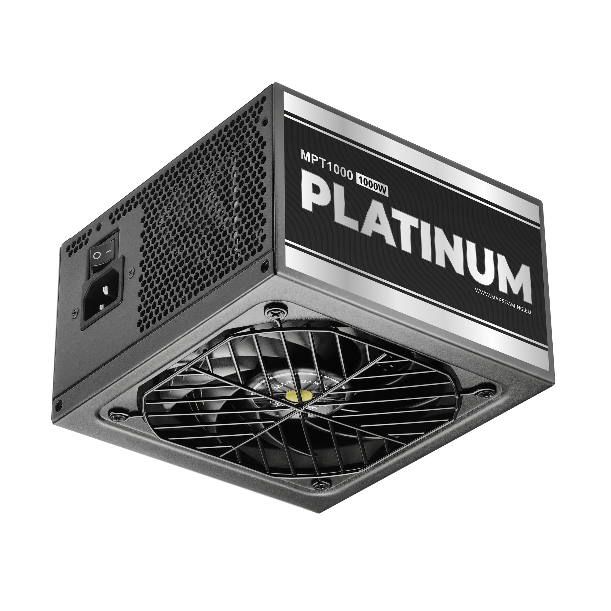 Fuente de alimentación para PC negra de 1000W con ventilador inferior y etiqueta Platinum.