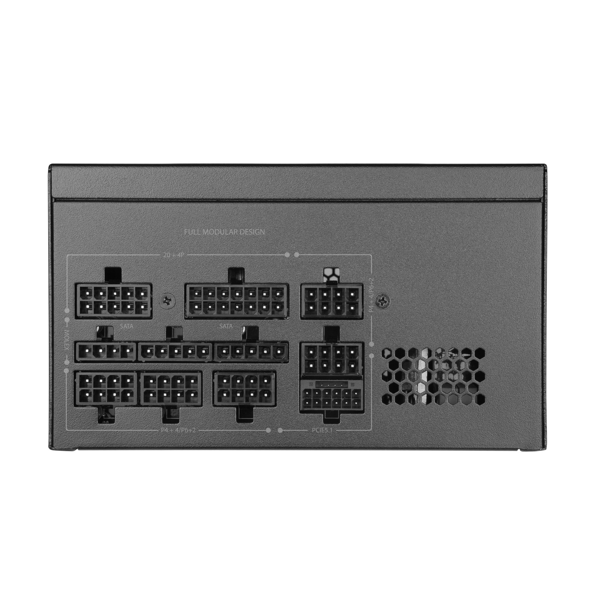 Panel trasero de una fuente de alimentación de ordenador negra con varios conectores modulares y rejilla.