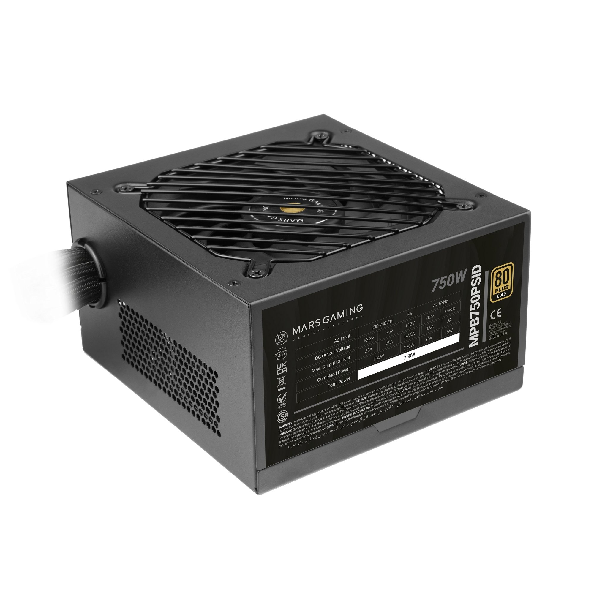 Una fuente de alimentación Mars Gaming MPB750PSID negra con rejilla de ventilador y etiqueta.