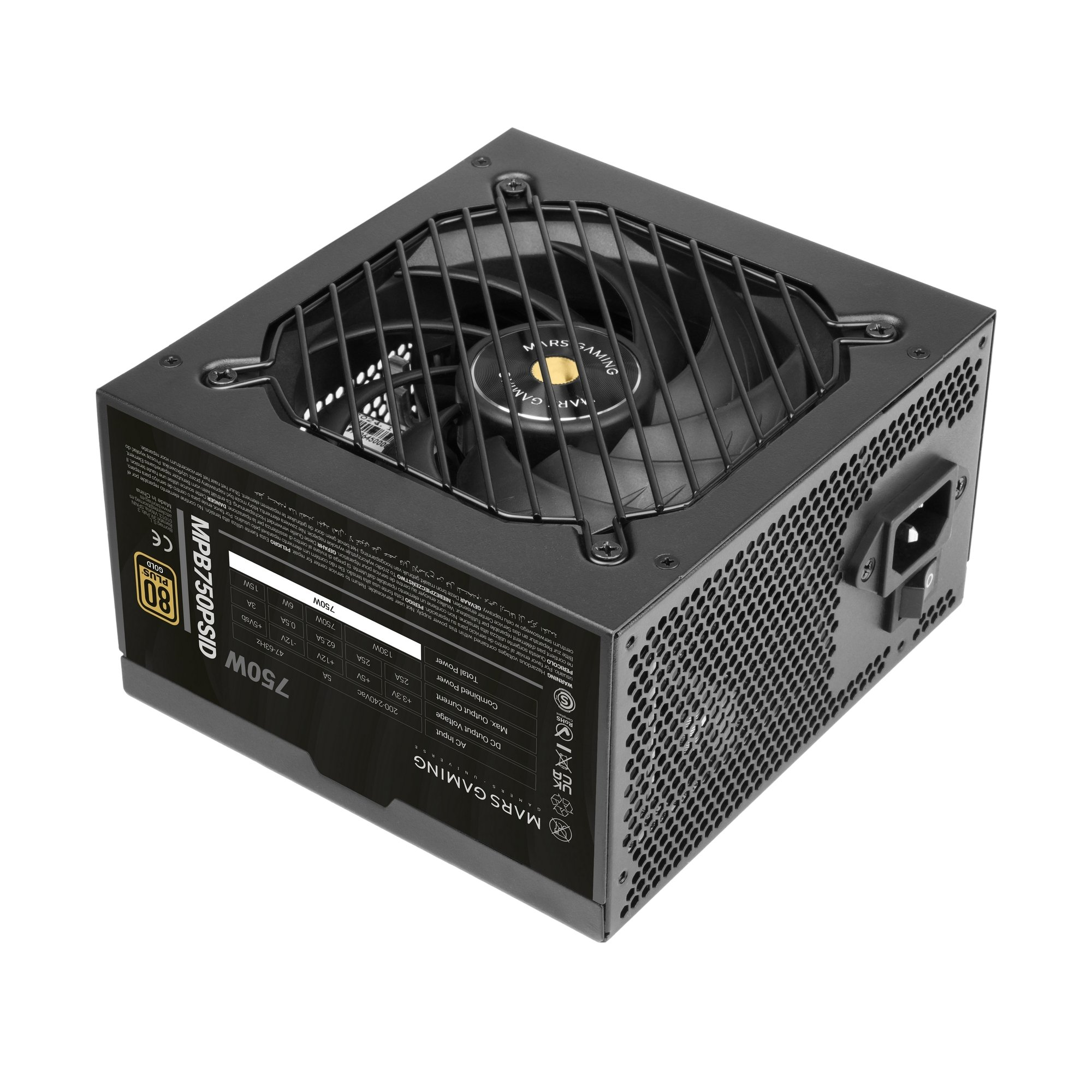 Una fuente de alimentación para PC Mars Gaming negra con un ventilador grande y especificaciones técnicas.