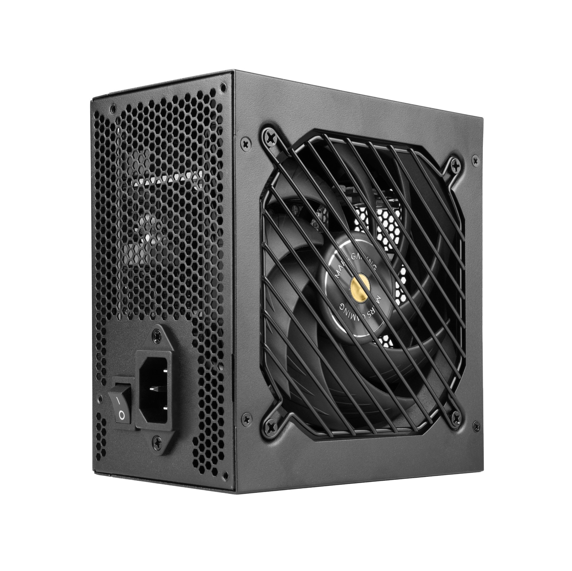 Una fuente de alimentación para computadora negra con ventilador e interruptor sobre fondo blanco.