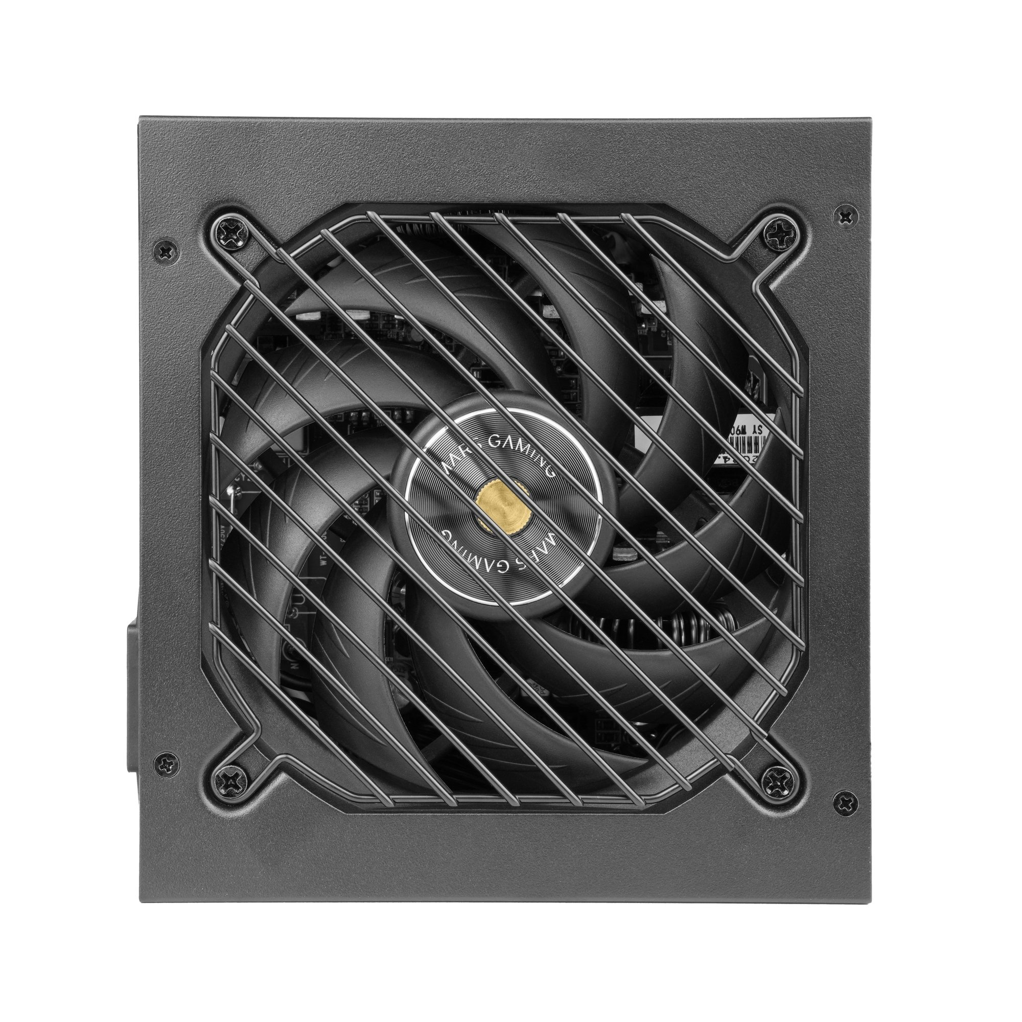 Una fuente de alimentacion de PC negra con una rejilla protectora grande y acanalada diagonalmente.