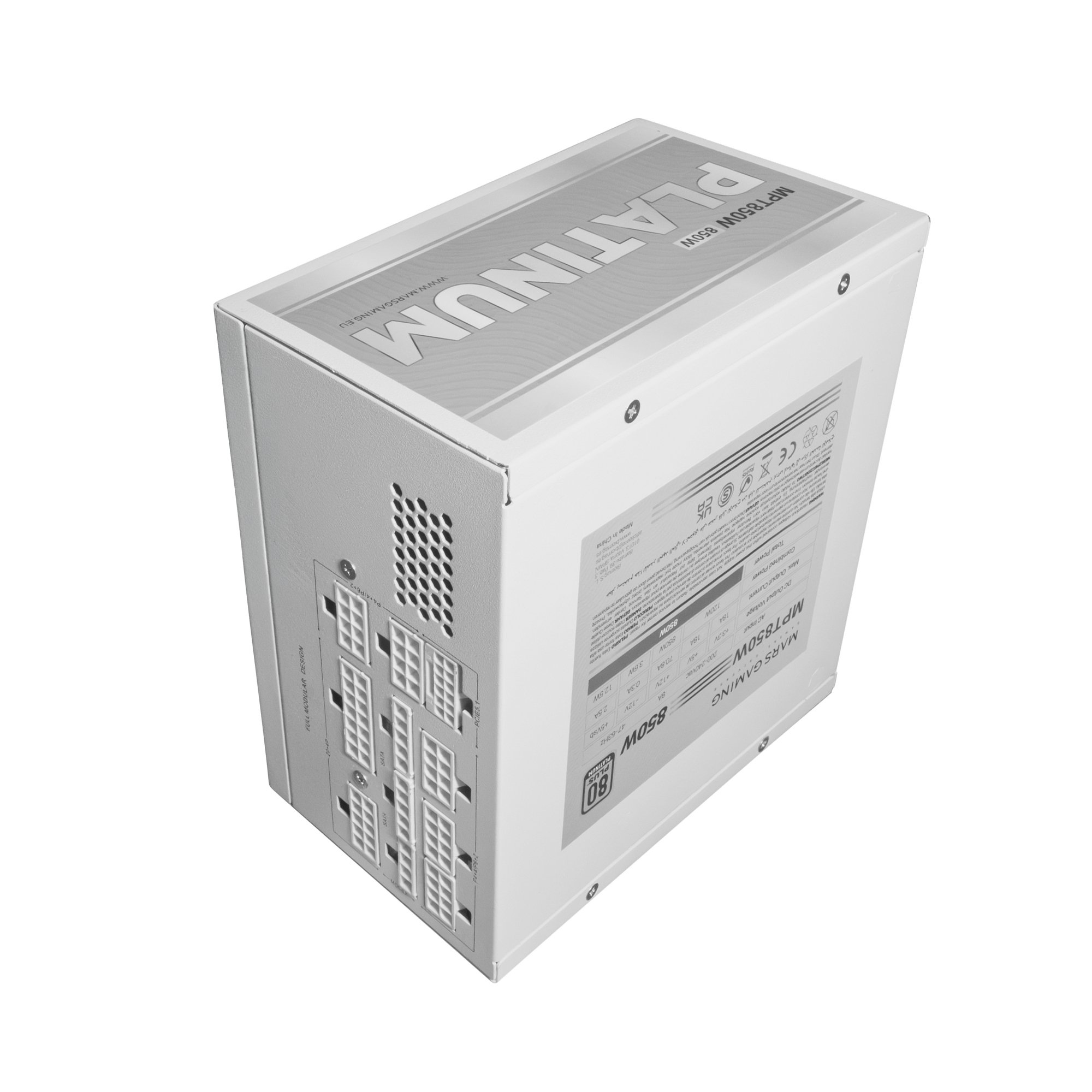 Una fuente de alimentación blanca Mars Gaming MPT850W Platinum con puertos y especificaciones técnicas.