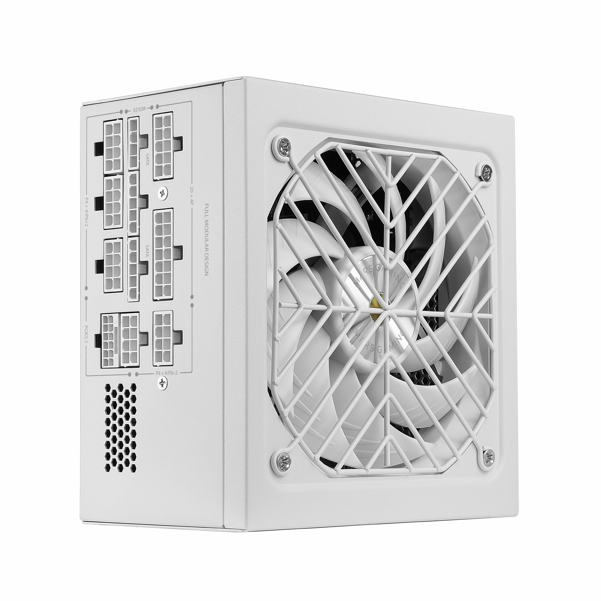 Una fuente de alimentación para computadora blanca con un ventilador y puertos modulares.