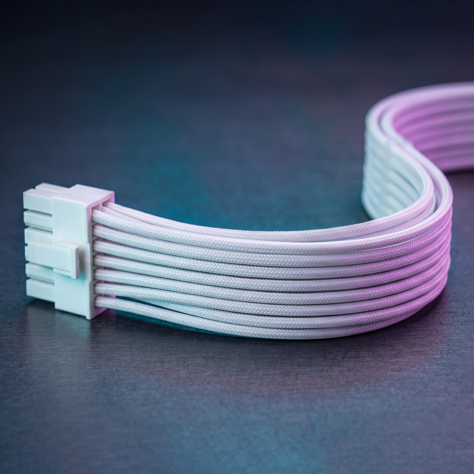 Un cable de PC blanco trenzado con conector descansa sobre una superficie oscura bajo iluminación colorida.