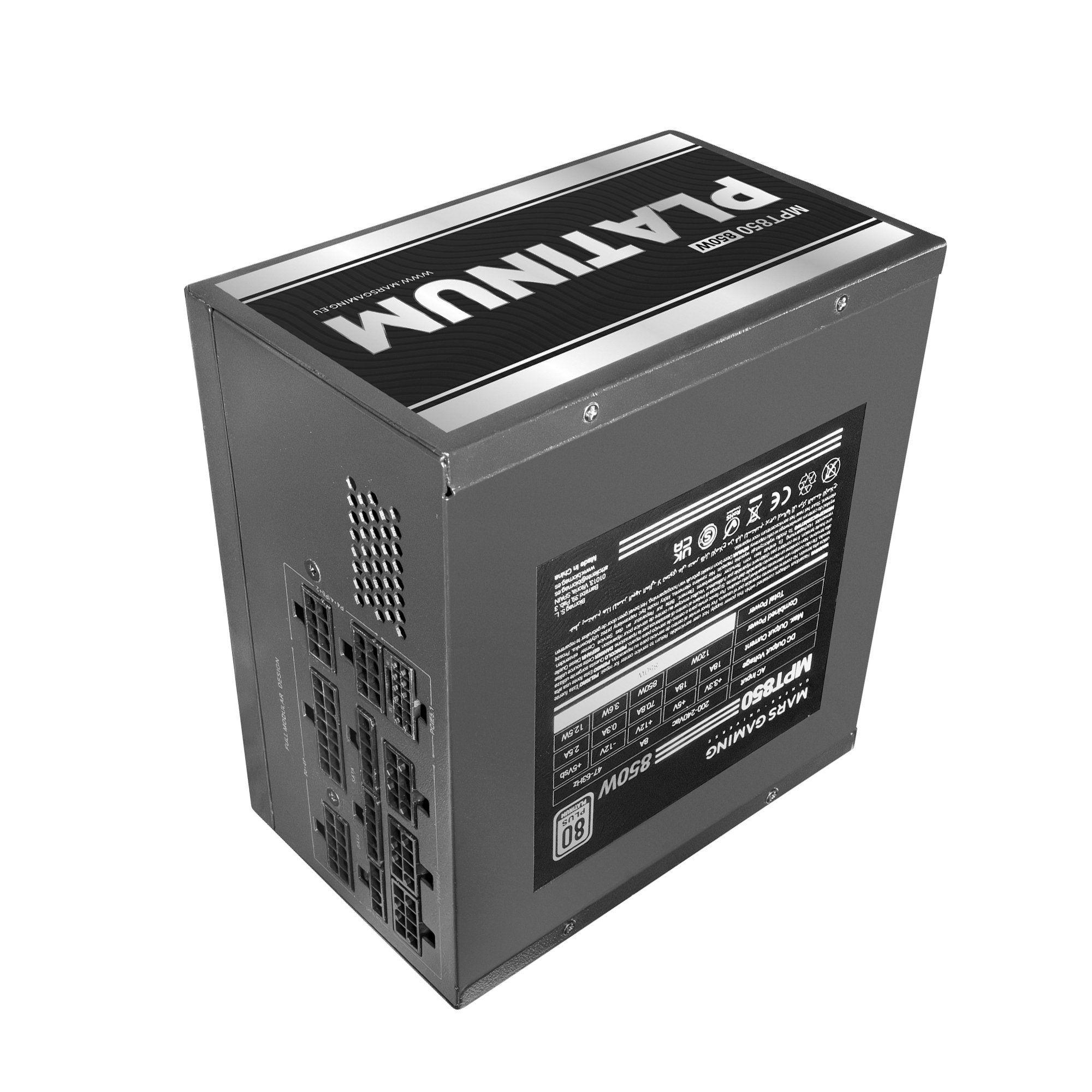 Una fuente de alimentación para PC negra con marca Platinum y puertos.