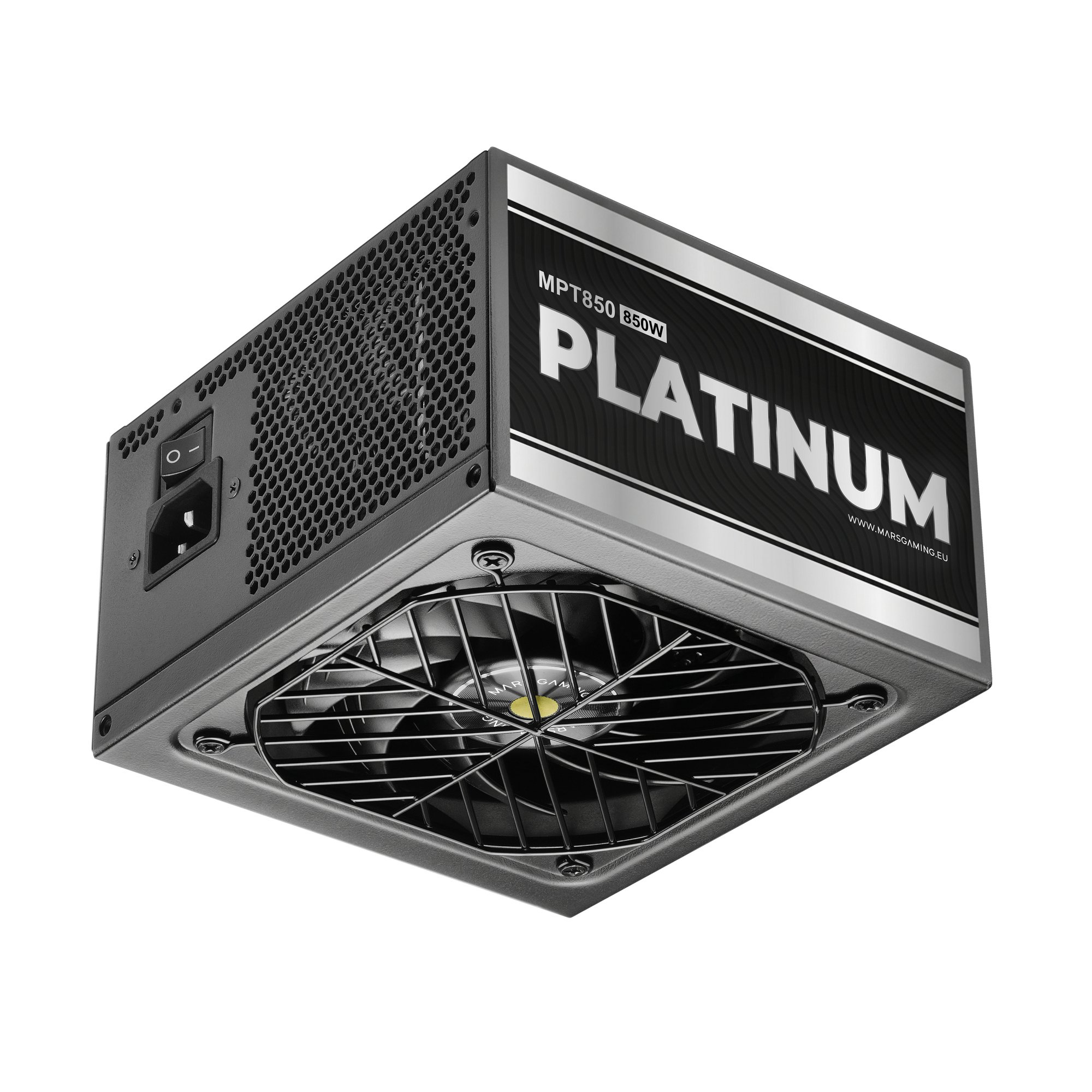 Una fuente de alimentación para PC MPT850 Platinum 850W negra con ventilador e interruptor sobre fondo blanco.