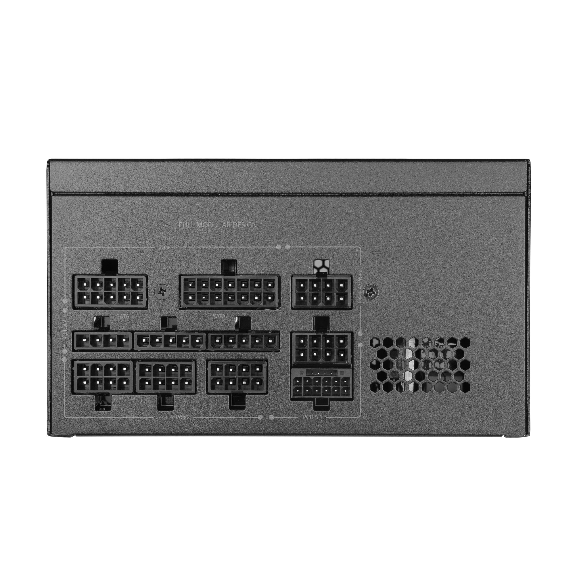 Panel trasero de una fuente de alimentación de PC negra con puertos modulares y etiquetas.