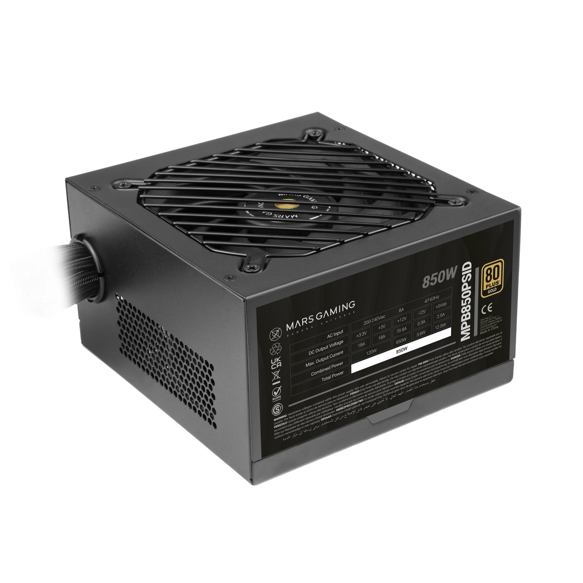 Fuente de alimentación negra para PC con rejilla de ventilación superior, etiqueta lateral y certificación 80 Plus Gold.