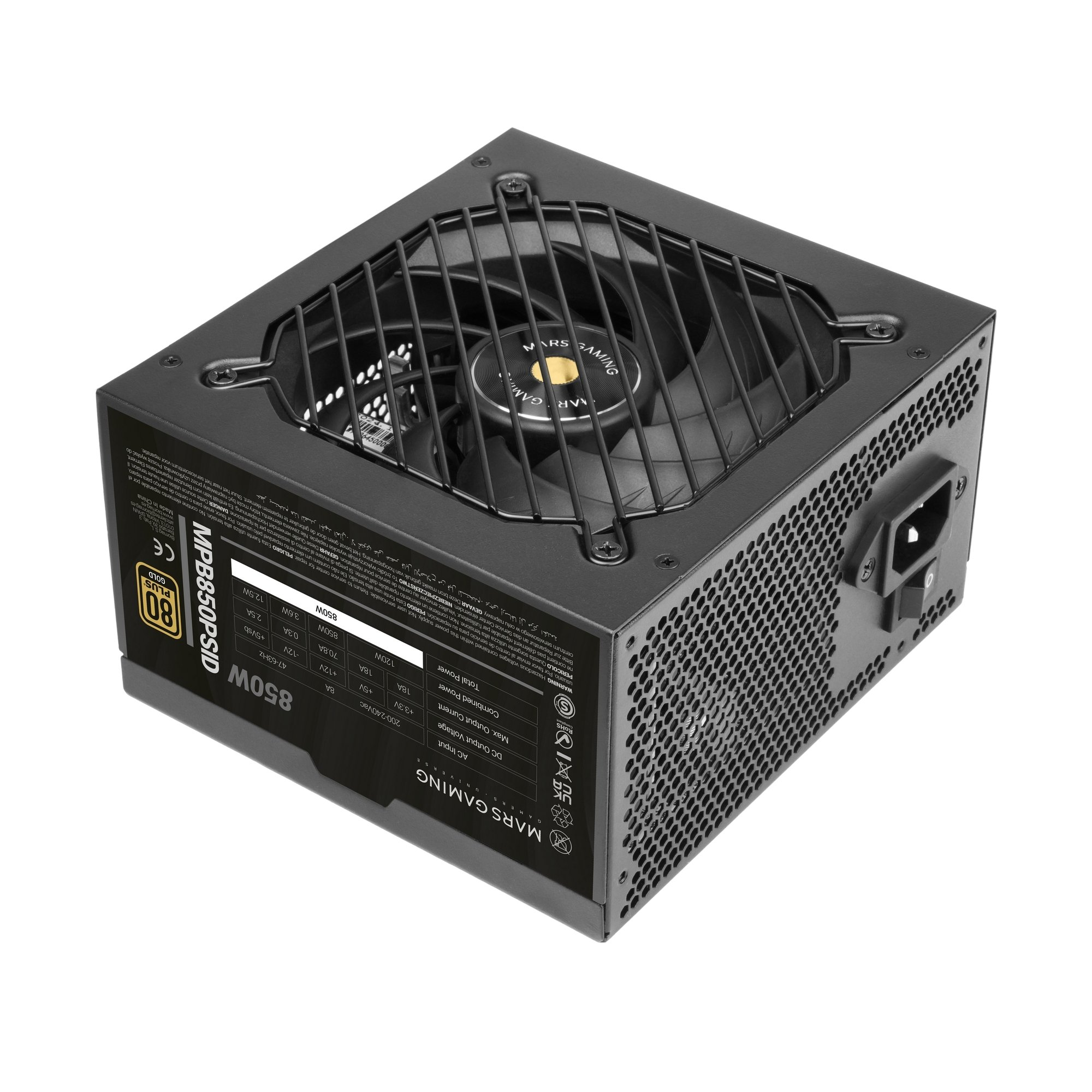 Una fuente de alimentación para PC Mars Gaming de 850W en color negro con ventilador y etiqueta.
