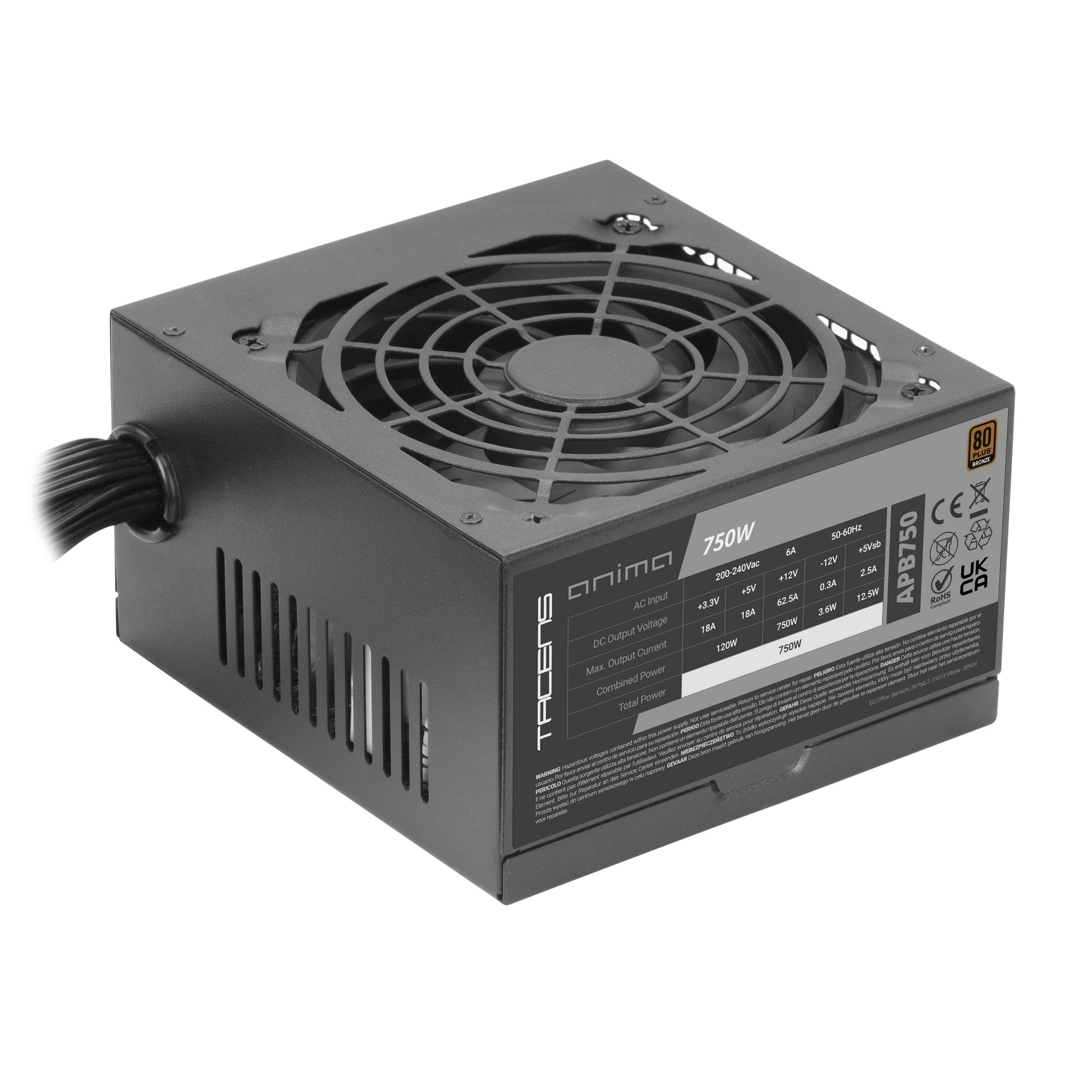 Una fuente de alimentación para ordenador Tacens APB750 negra con ventilador grande y etiqueta.