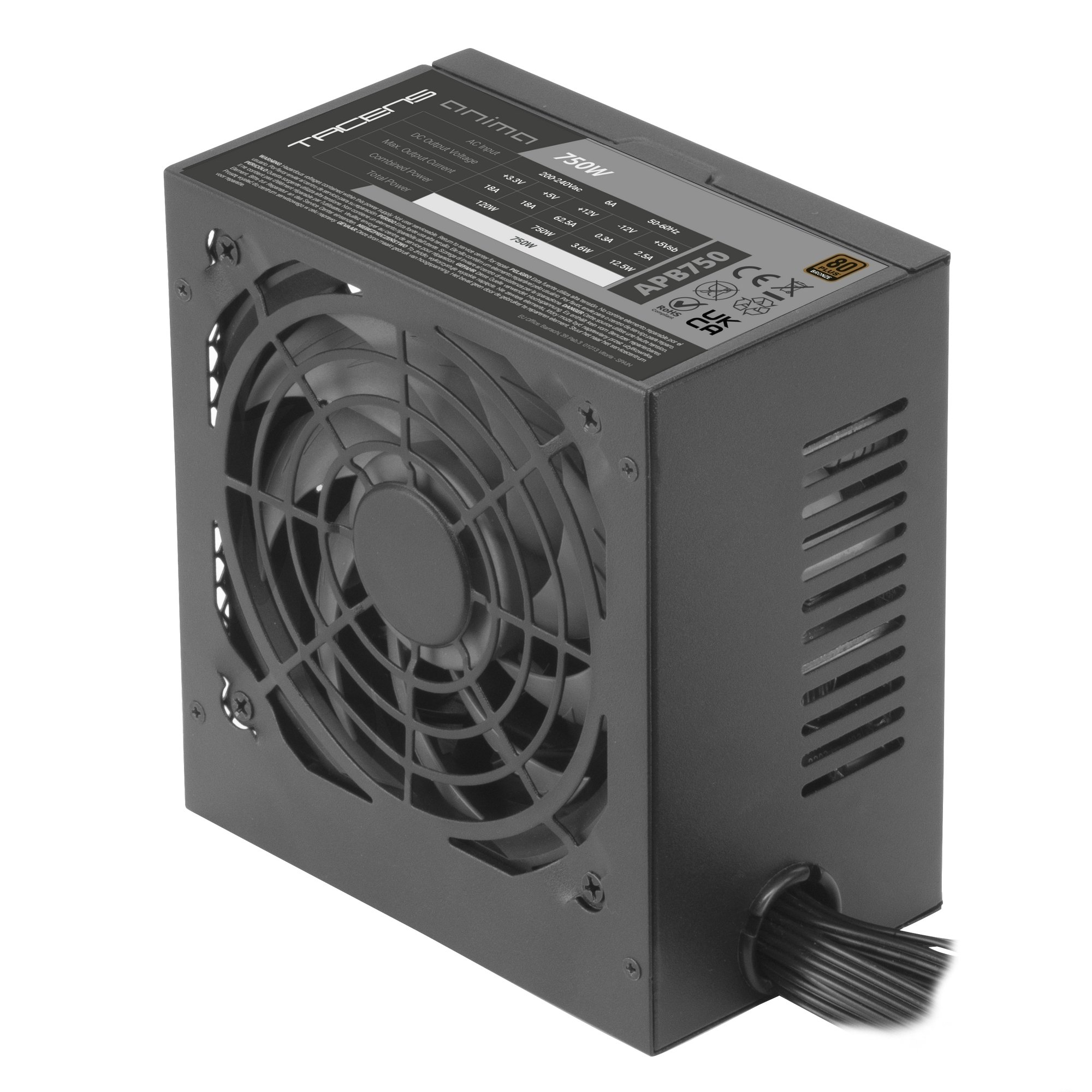Una fuente de alimentación para PC Tacens Anima APB750 negra con ventilador grande y cables.