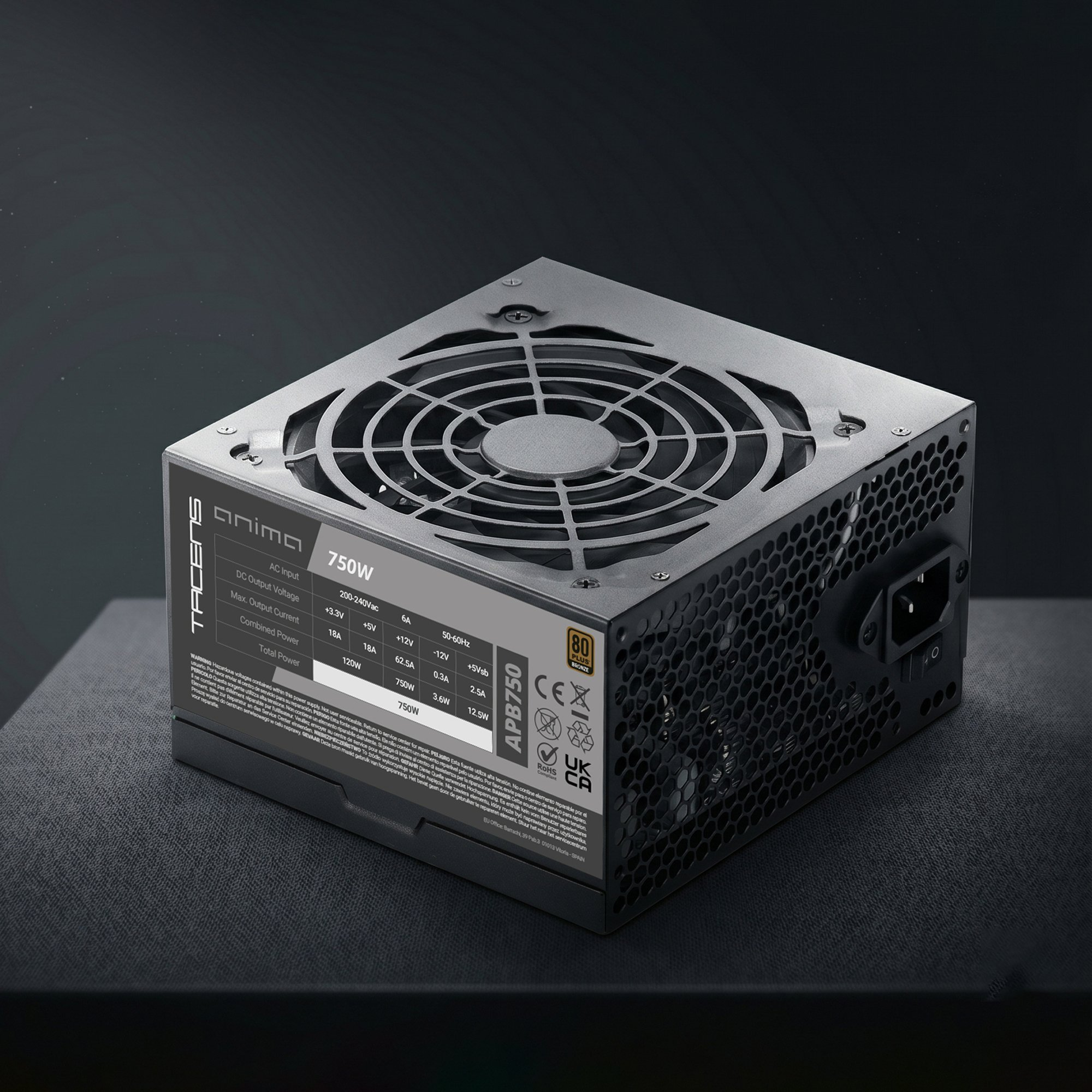 Una fuente de alimentación para ordenador Tacens Anima 750W negra con ventilador superior.