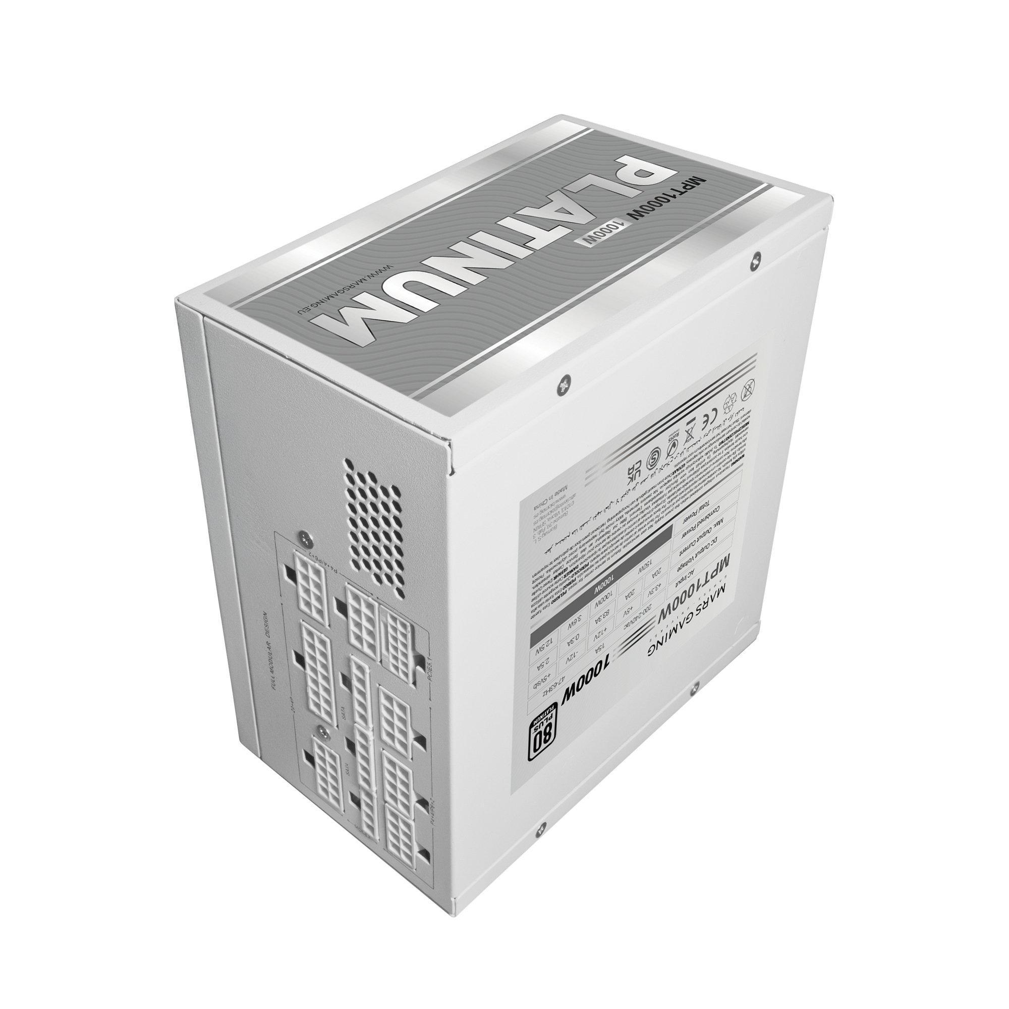 Una fuente de alimentación blanca Mars Gaming MPT1000W Platinum con conectores modulares sobre fondo blanco.