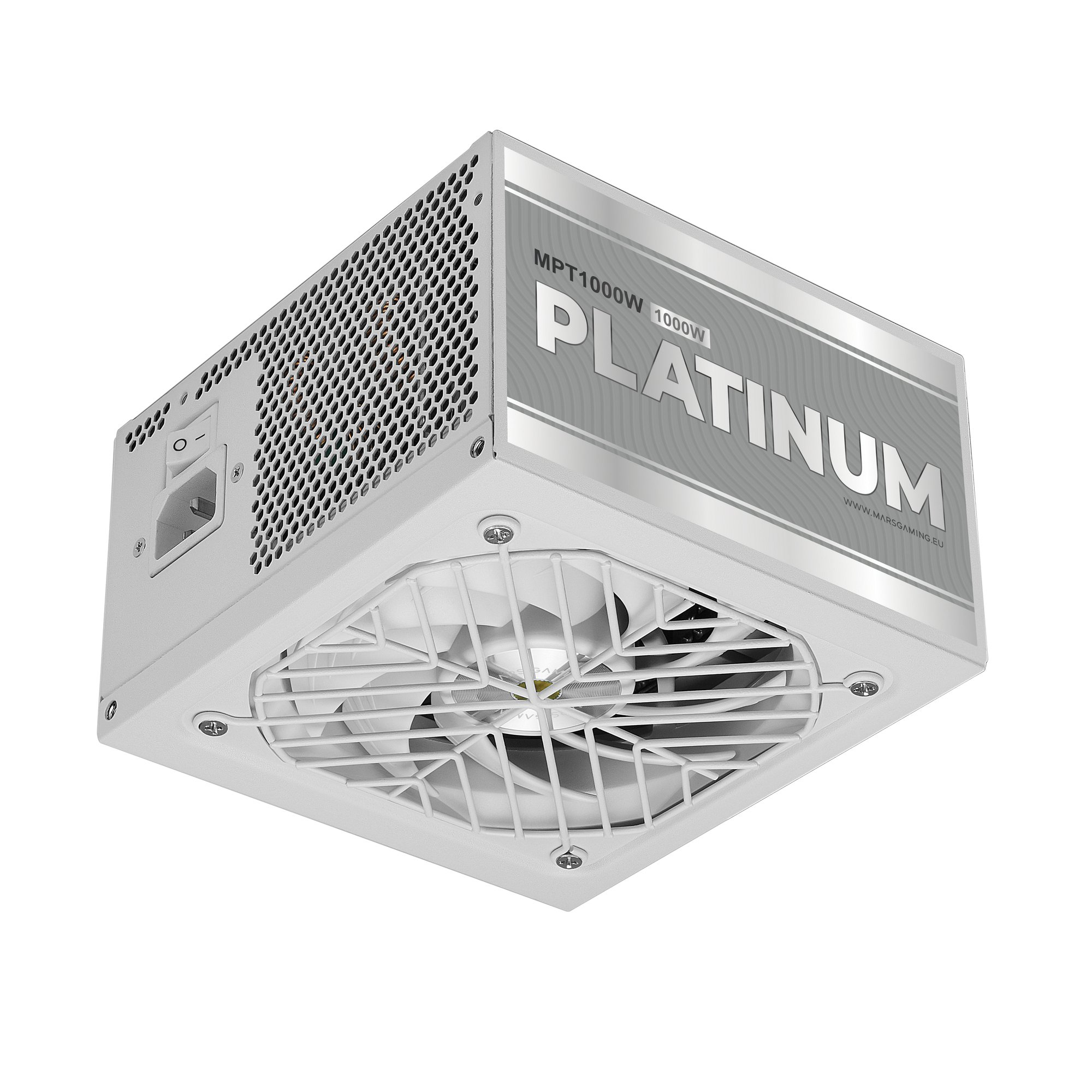 Una fuente de alimentación blanca de 1000W con ventilador inferior y etiqueta PLATINUM.
