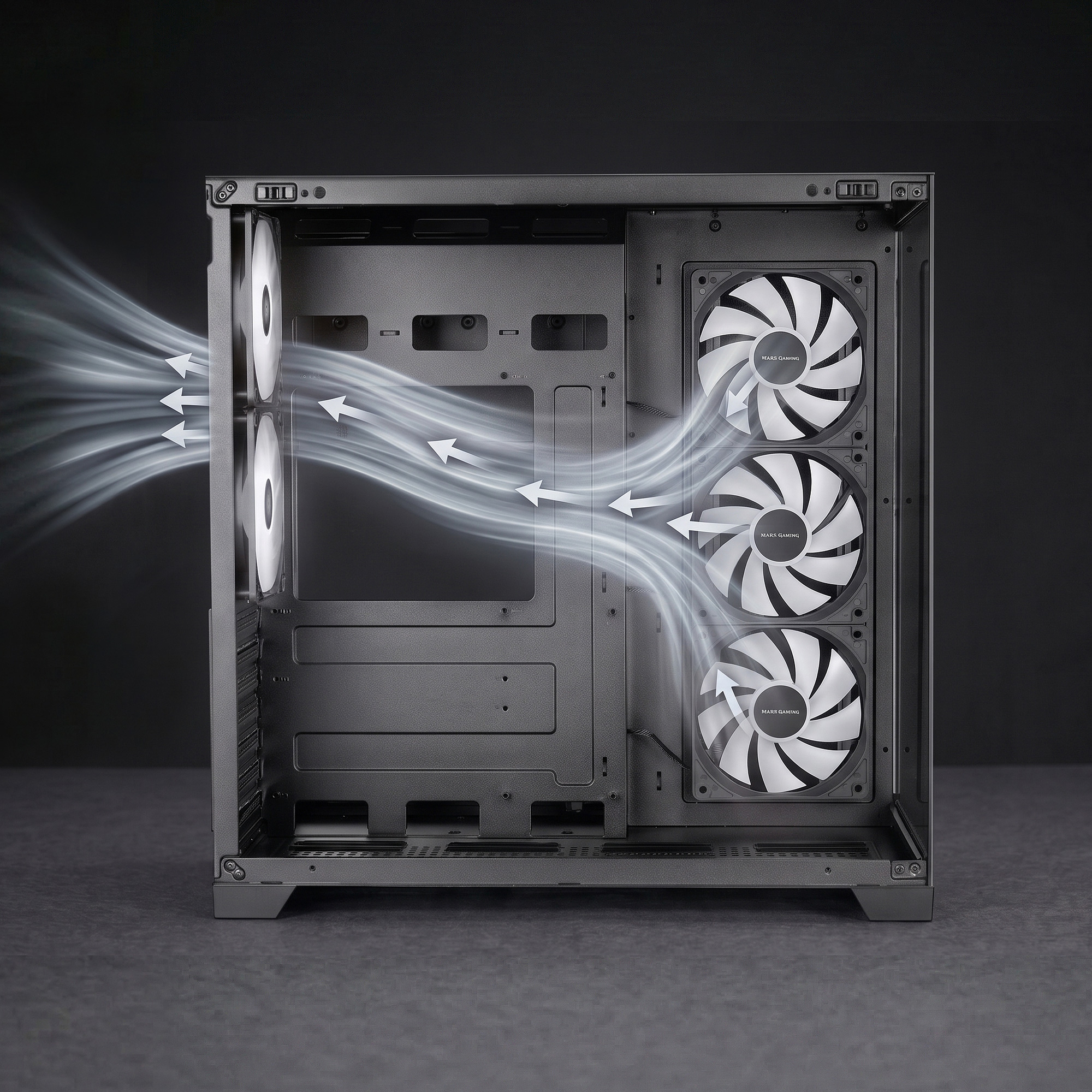 Interior de gabinete de PC negro con ventiladores iluminados y líneas de flujo de aire blancas.