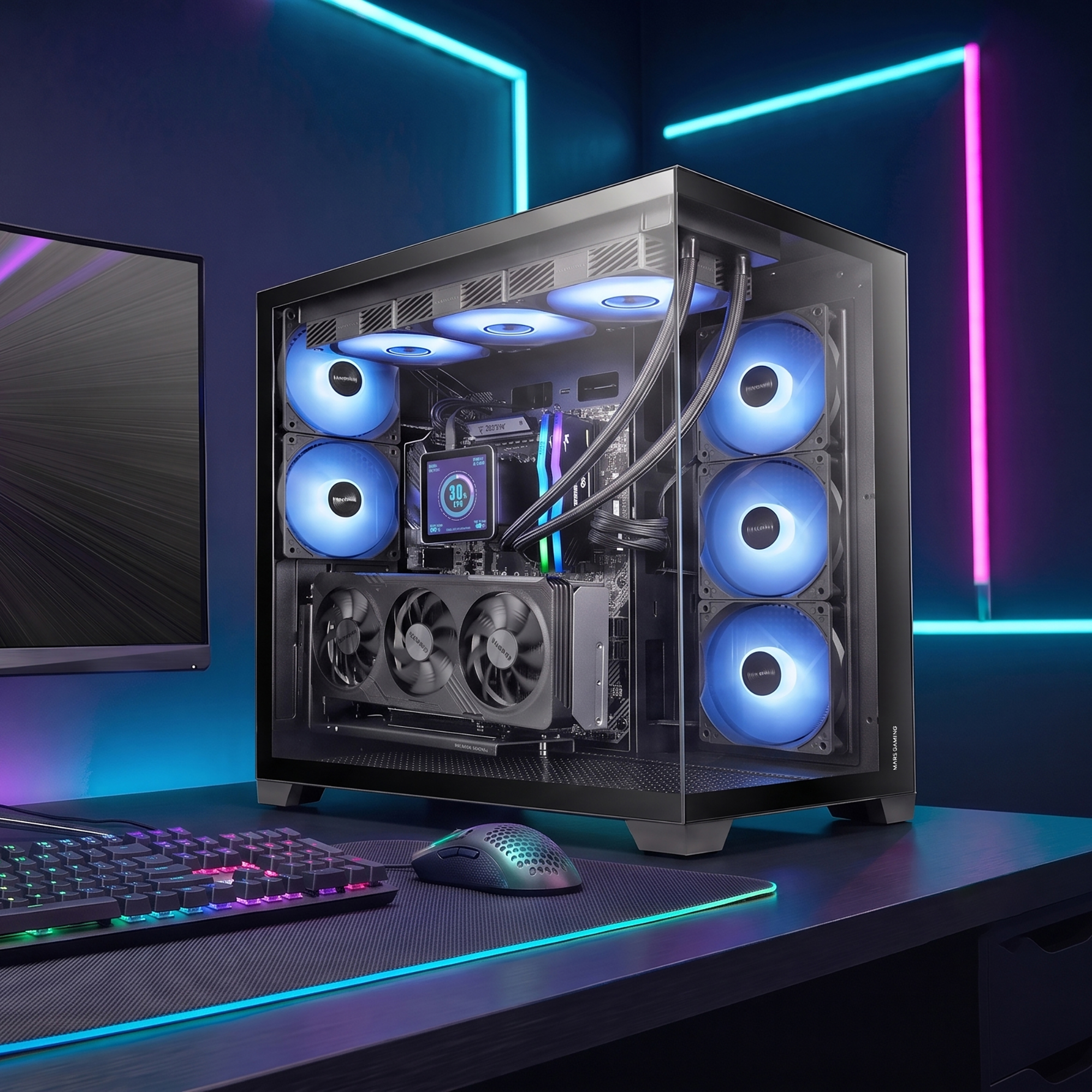 Un PC de juegos con ventiladores LED azules y carcasa de vidrio sobre un escritorio con teclado y ratón.