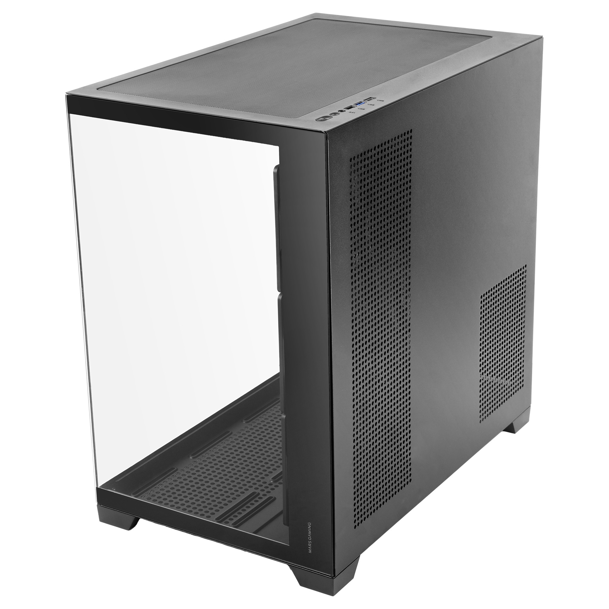 Una torre de PC negra con panel lateral de cristal y rejillas de ventilación.