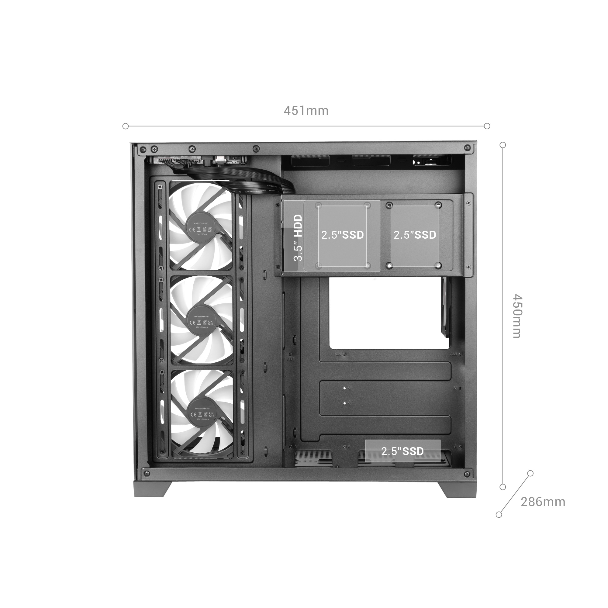 Dibujo técnico de una caja de PC de 451x450x286 mm con tres ventiladores y ranuras para SSD y HDD.