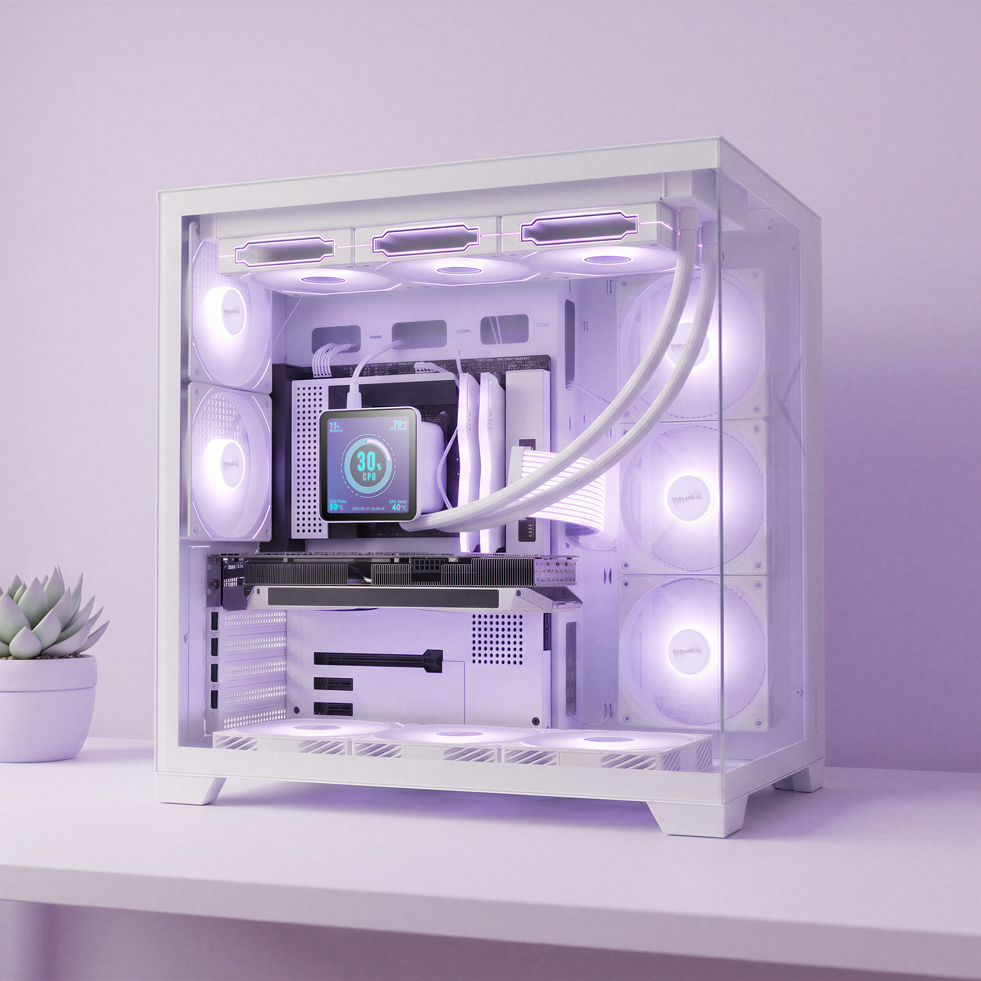 Una torre de PC blanca con ventiladores morados brillantes y una pantalla en el enfriador de la CPU en un escritorio.