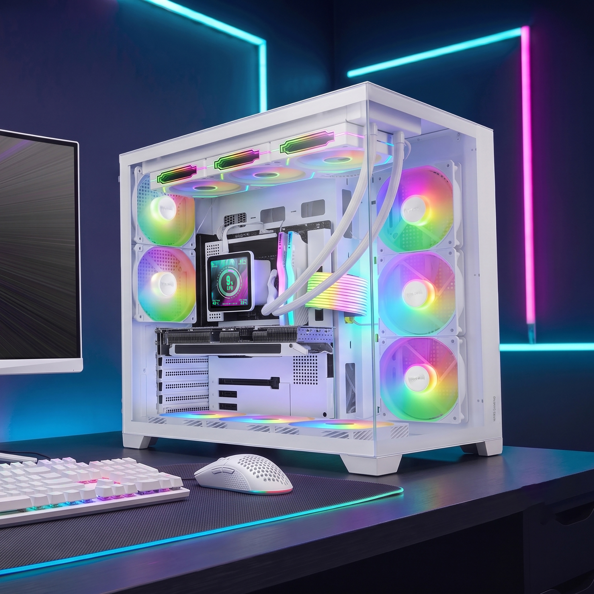 Un PC de juegos blanco con ventiladores RGB coloridos y refrigeración líquida está sobre un escritorio.