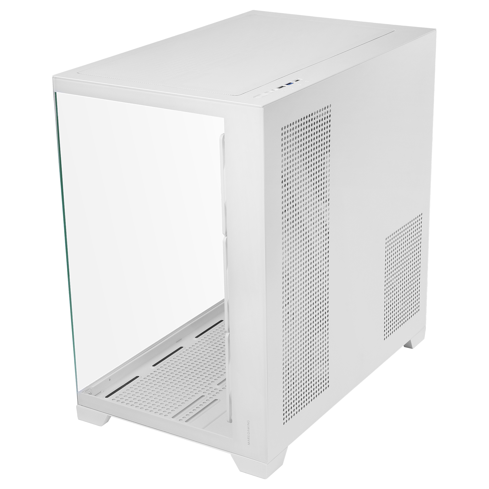Una caja de PC blanca vacía con panel lateral de cristal y ventilación de rejilla.