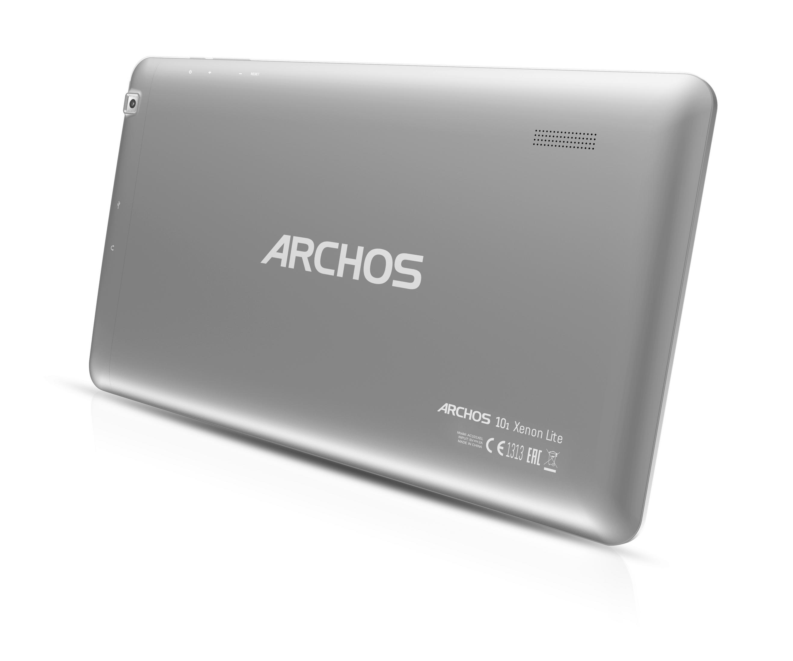 Rückseite eines silbernen Archos 10.1 Xenon Lite Tablets mit Kamera, Lautsprecher und Markenlogo.