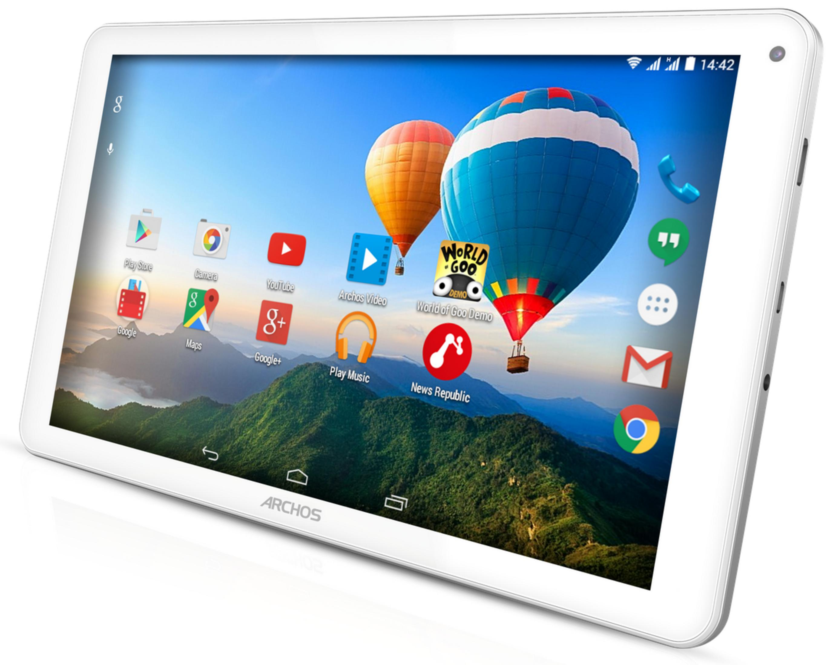 Ein weißes Archos-Tablet zeigt einen Homescreen mit App-Symbolen und Heißluftballons über Bergen als Hintergrund.