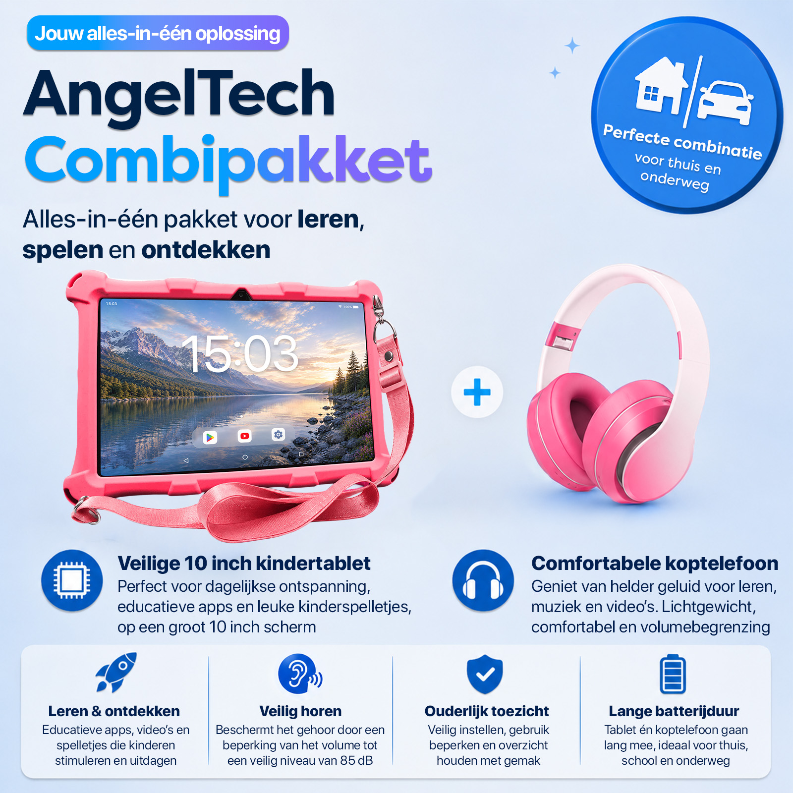 AngelTech Kombipaket mit pinkem 10-Zoll-Kinder-Tablet und passenden Kopfhörern auf blauem Hintergrund.