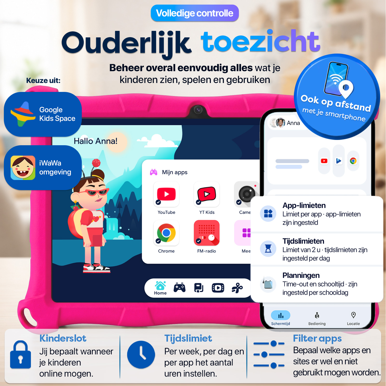 Kinderslt-Tablet mit Elterkontrollen, App-Limits und Zeitbeschränkungen in Niederländisch.