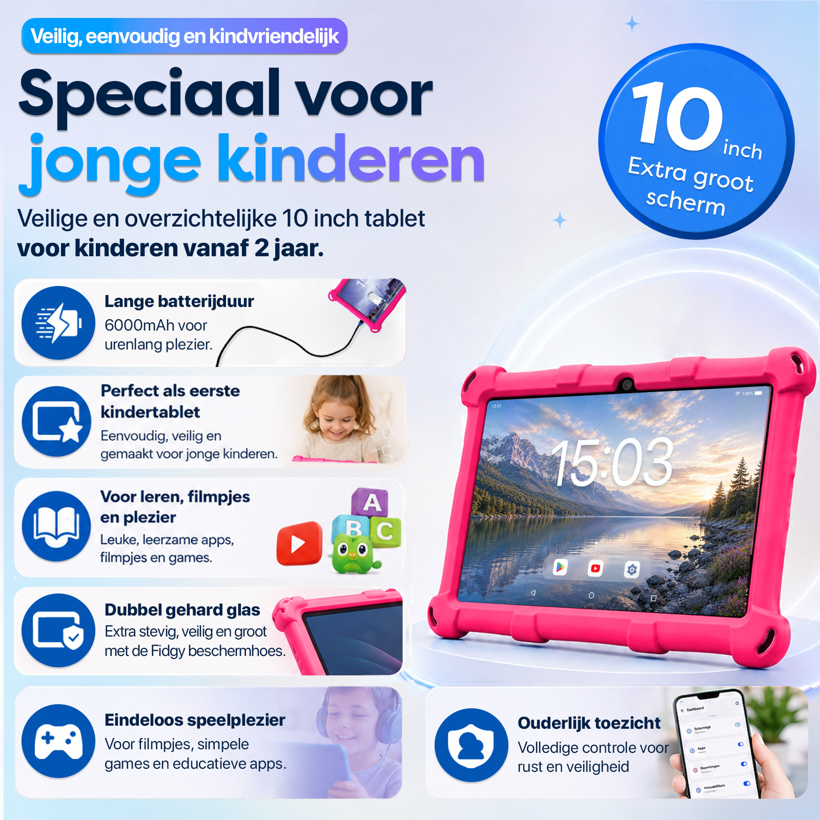 Werbebild für ein kinderfreundliches 10-Zoll-Tablet in rosa Schutzhülle mit Funktionen wie Akkulaufzeit und Kindersicherung.