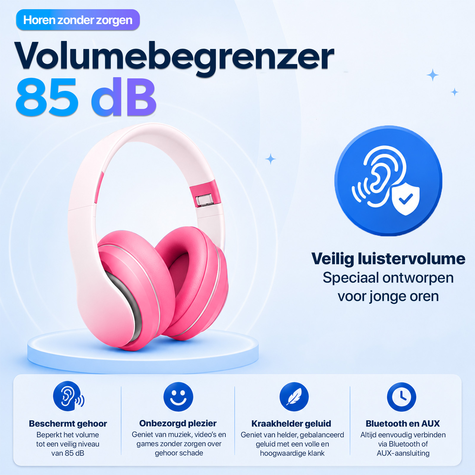 Rosa-weiße Kinderkopfhörer mit 85 dB Lautstärkebegrenzung und Infografiken.