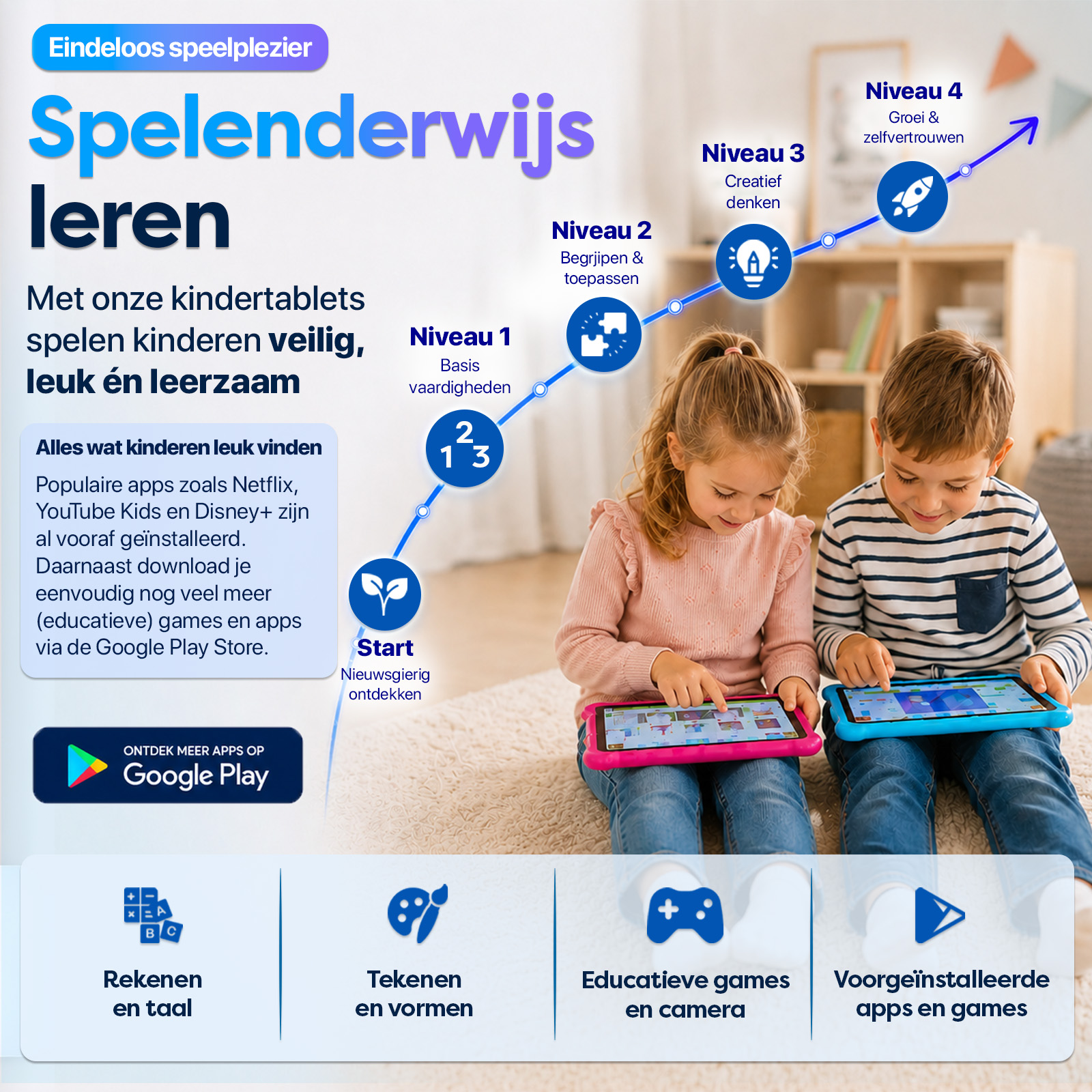 Zwei Kinder sitzen auf einem Teppich und spielen konzentriert auf bunten Kinder-Tablets, umgeben von Lernstufen.