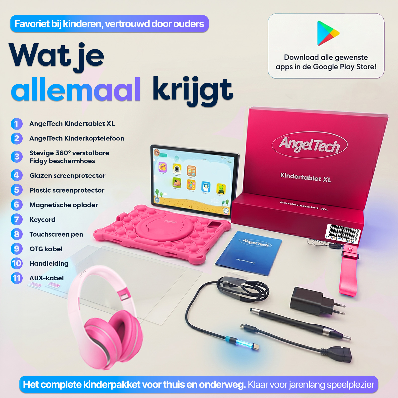 Ein rosafarbenes AngelTech Kindertablet XL Bundle mit Hülle, Kopfhörern, Kabeln und einer großen pinken Box.