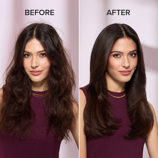 Comparación de una mujer con cabello frizz a la izquierda (Antes) y cabello liso a la derecha (Después).