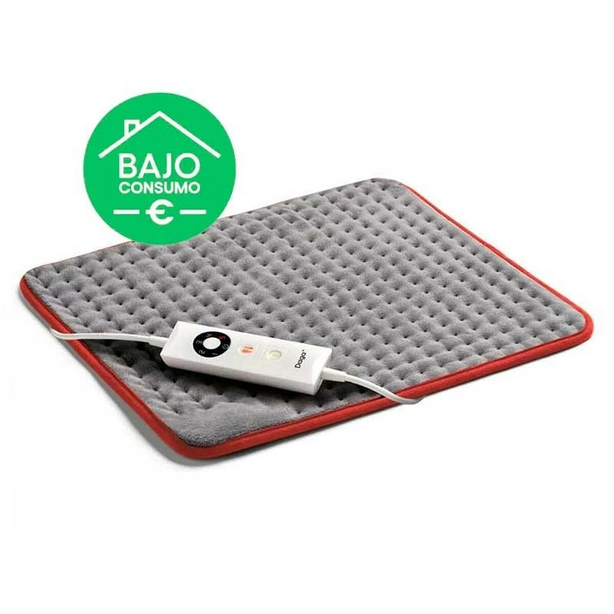 Almohadilla térmica gris con borde rojo y control remoto blanco, junto a un logotipo verde.
