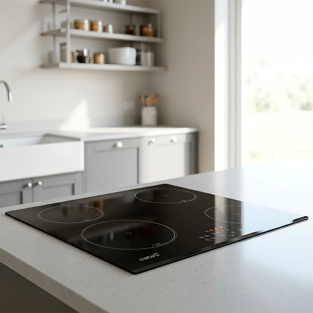 Una placa de inducción negra en una encimera blanca, con una cocina luminosa y estantes abiertos al fondo.