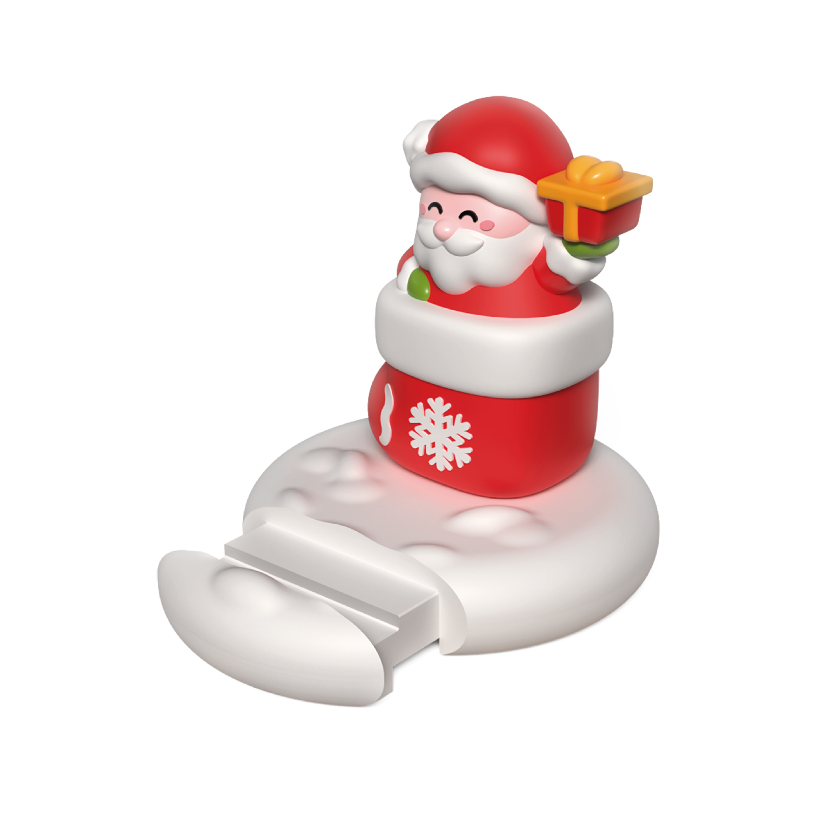 Un tierno Papá Noel en 3D dentro de un saco rojo sostiene un regalo sobre una base nevada.
