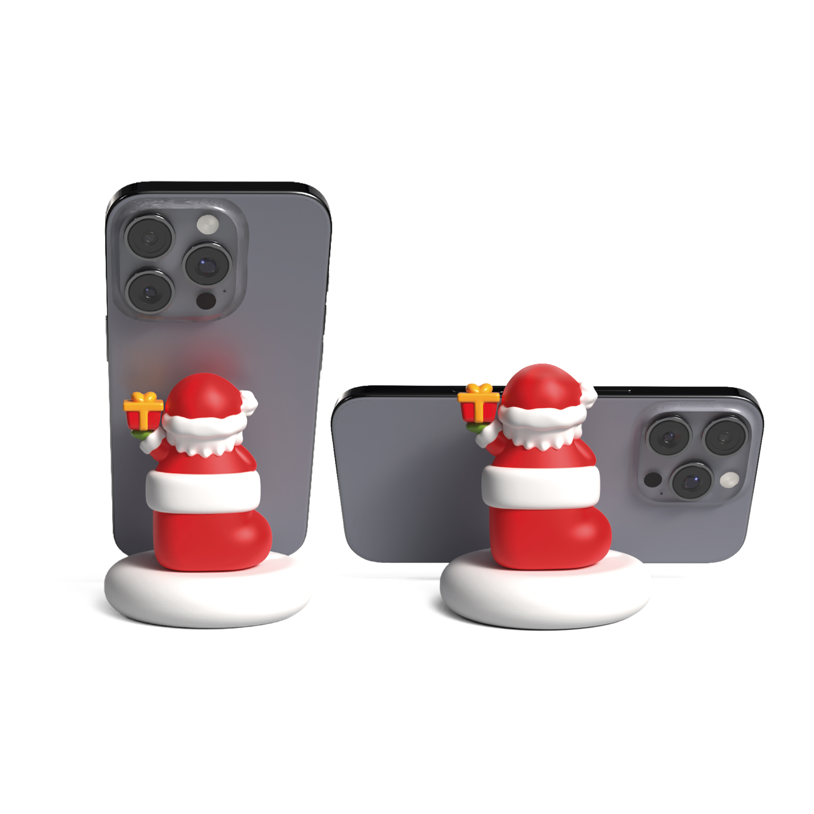 Dos teléfonos inteligentes se encuentran en posición vertical y horizontal sobre bases blancas, cada uno sostenido por una pequeña figura de Papá Noel.