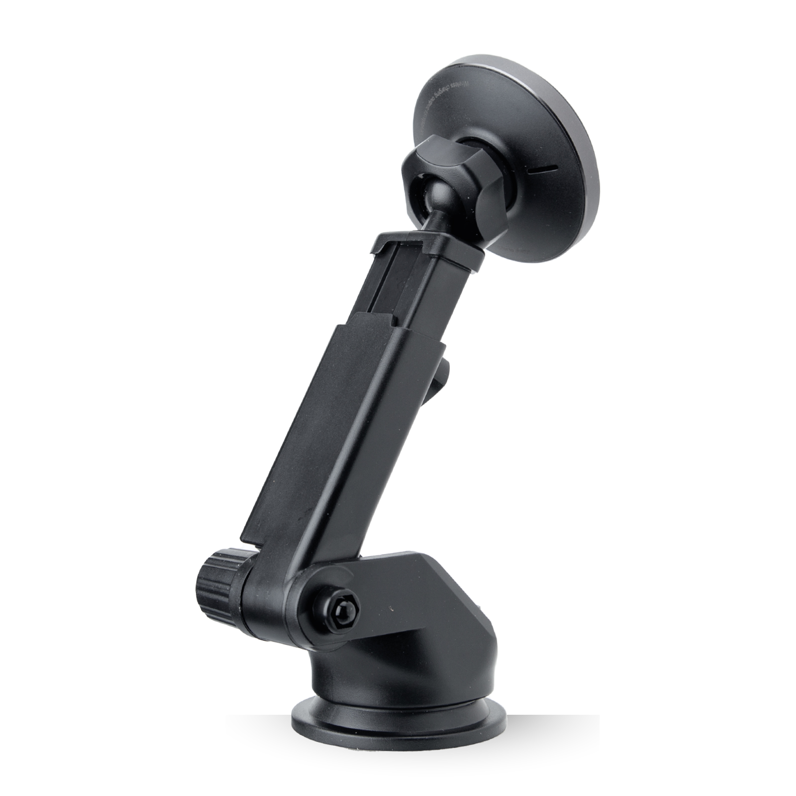 Un supporto per telefono nero regolabile con base a ventosa e testa magnetica su sfondo bianco.