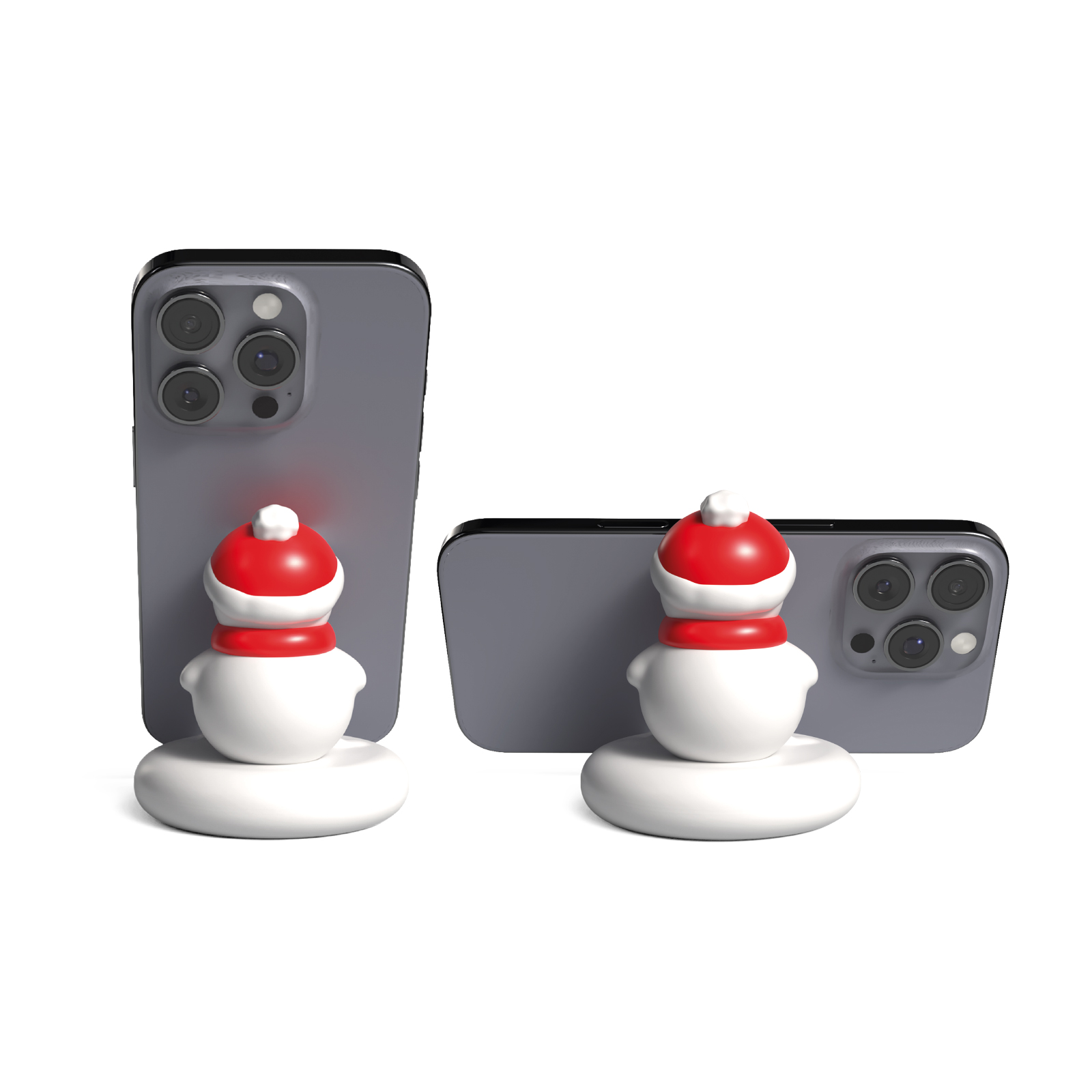 Dos teléfonos inteligentes grises se sostienen vertical y horizontalmente en soportes navideños de muñecos de nieve.
