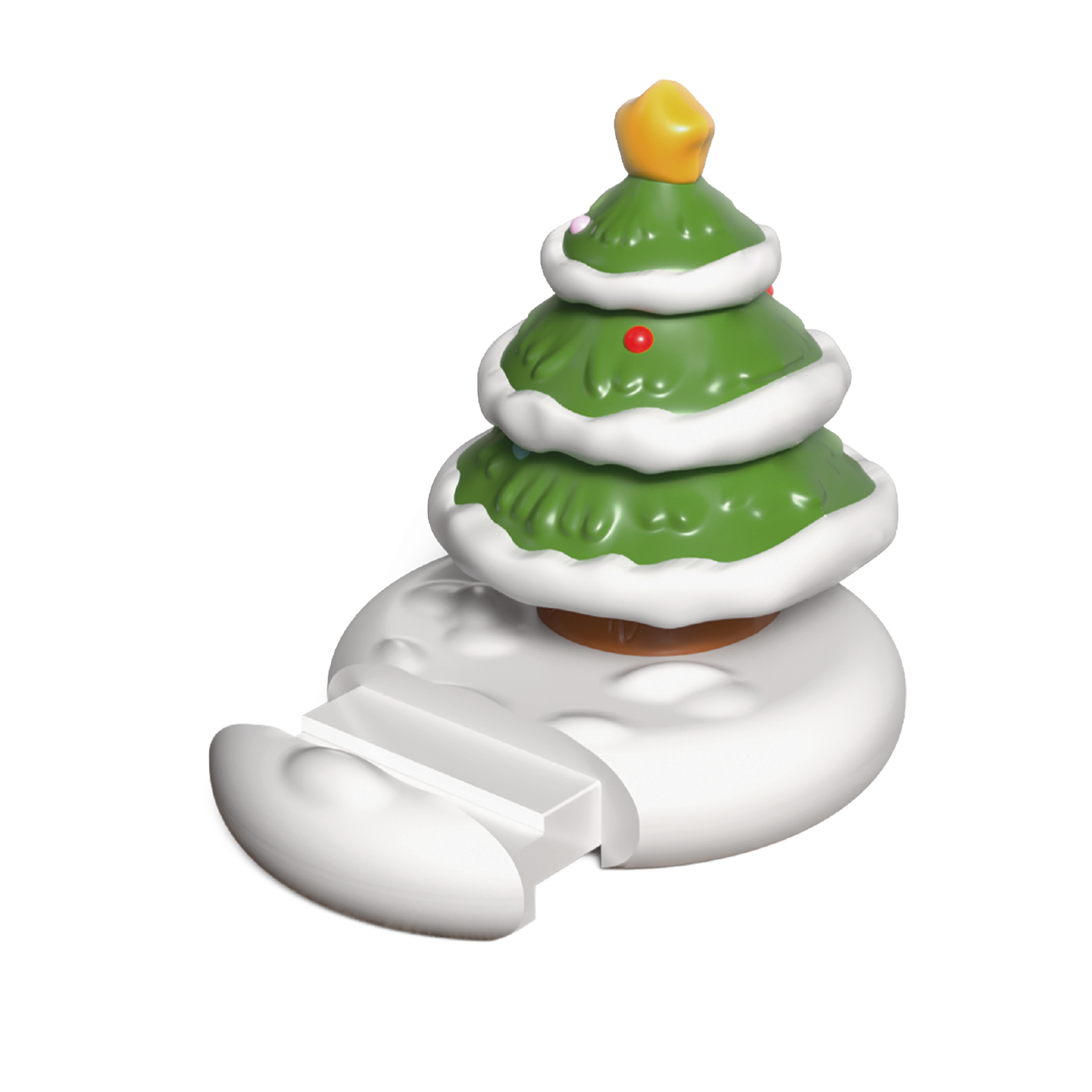 Un soporte para teléfono de árbol de Navidad en una base nevada.