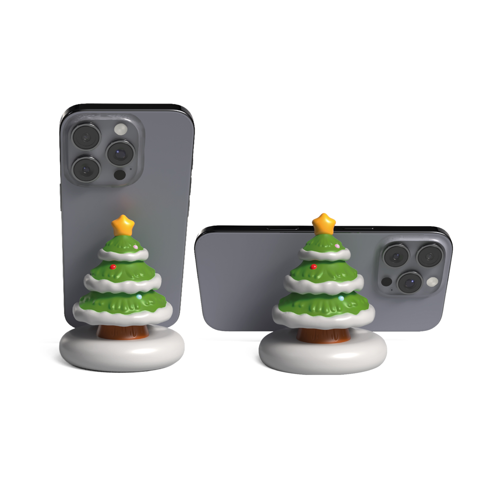 Dos teléfonos inteligentes grises se sostienen vertical y horizontalmente en soportes de árboles de Navidad.
